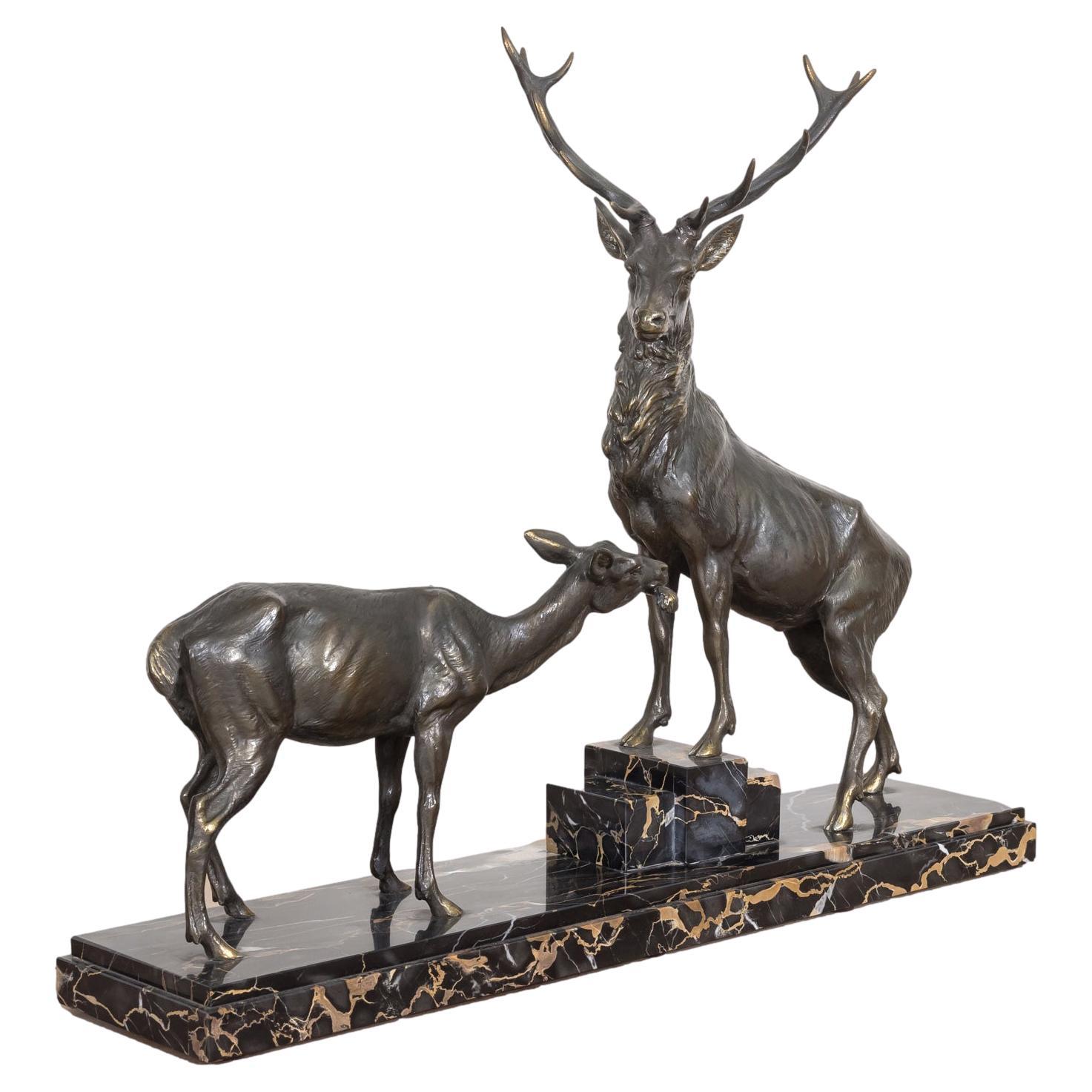  Fine Art Deco Louis Albert Carvin Spelter Animalier Sculpture of Stag and Doe