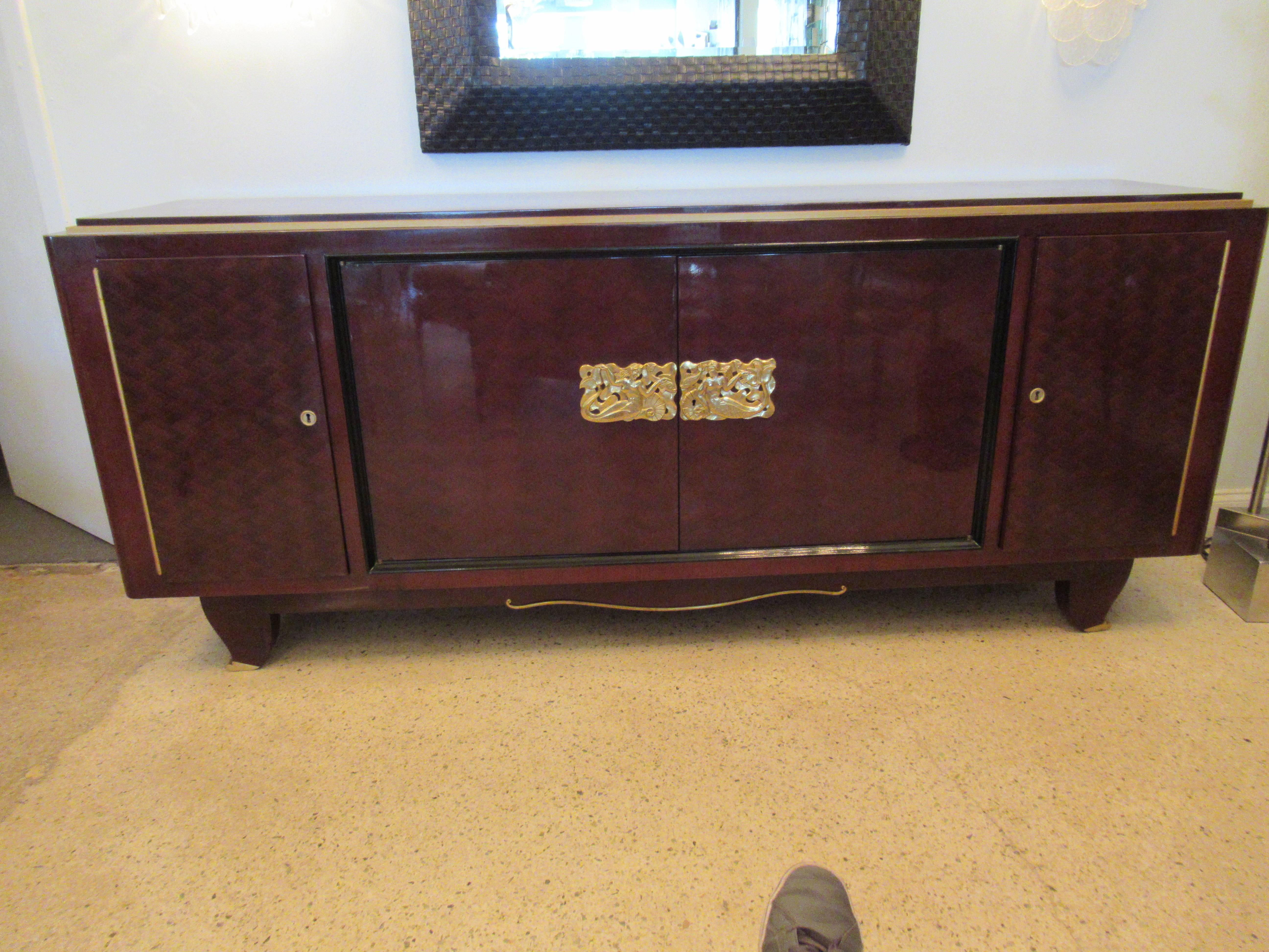 French Fine Art Deco Mahogany and Bronze Mounted Credenza, Attributed to Jules Leleu For Sale