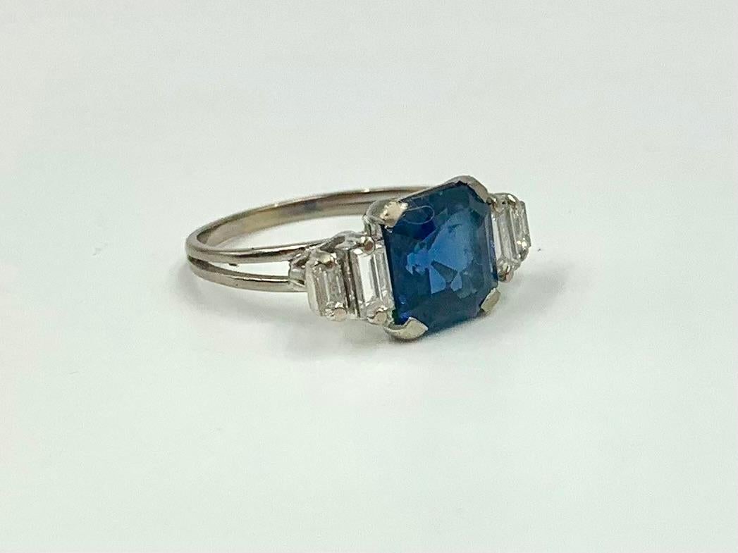 Fine Art Deco Natural Sapphire Diamond 18K White Gold Engagement Ring, GIA For Sale 5