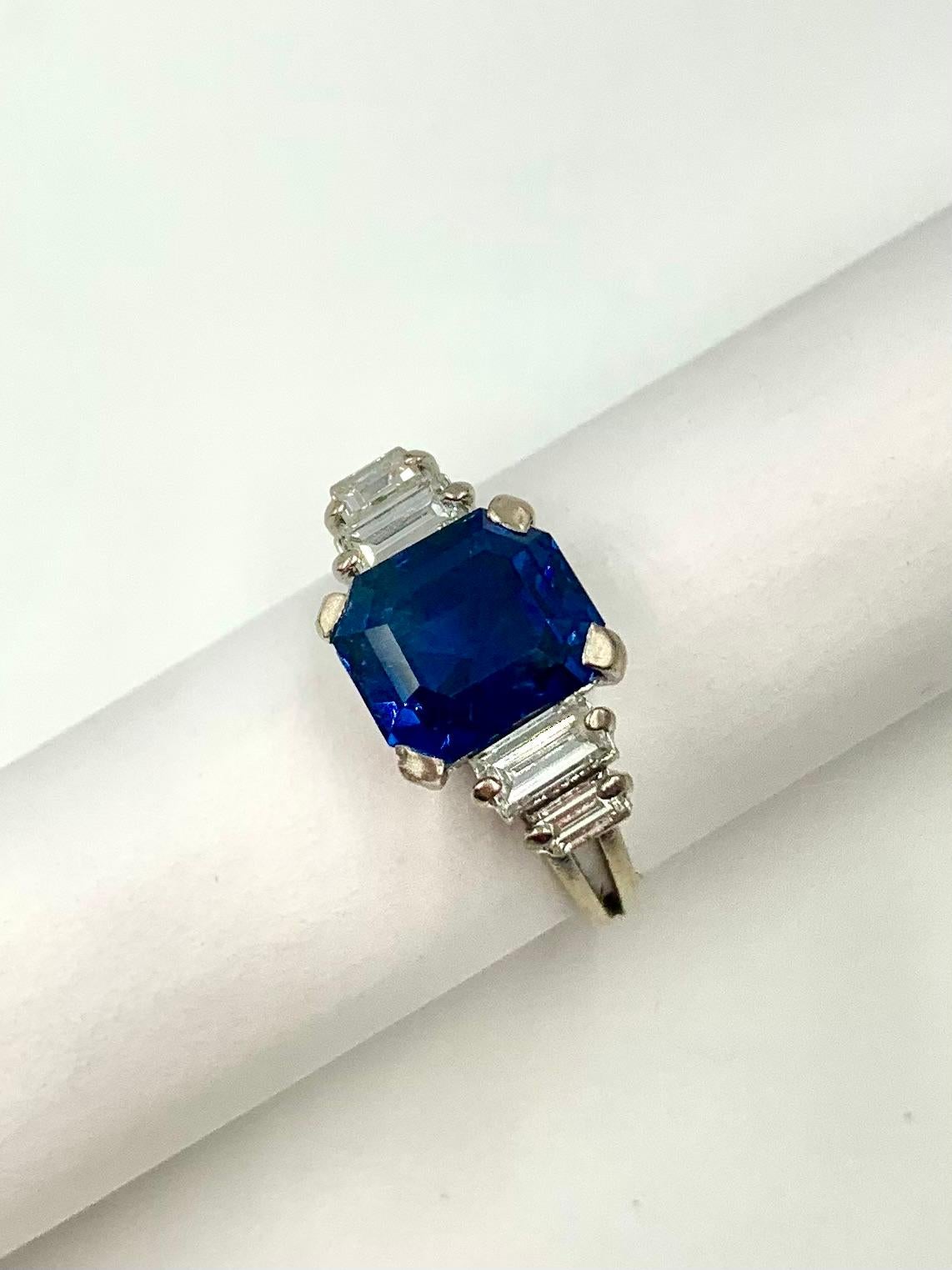 Fine Art Deco Natural Sapphire Diamond 18K White Gold Engagement Ring, GIA For Sale 6