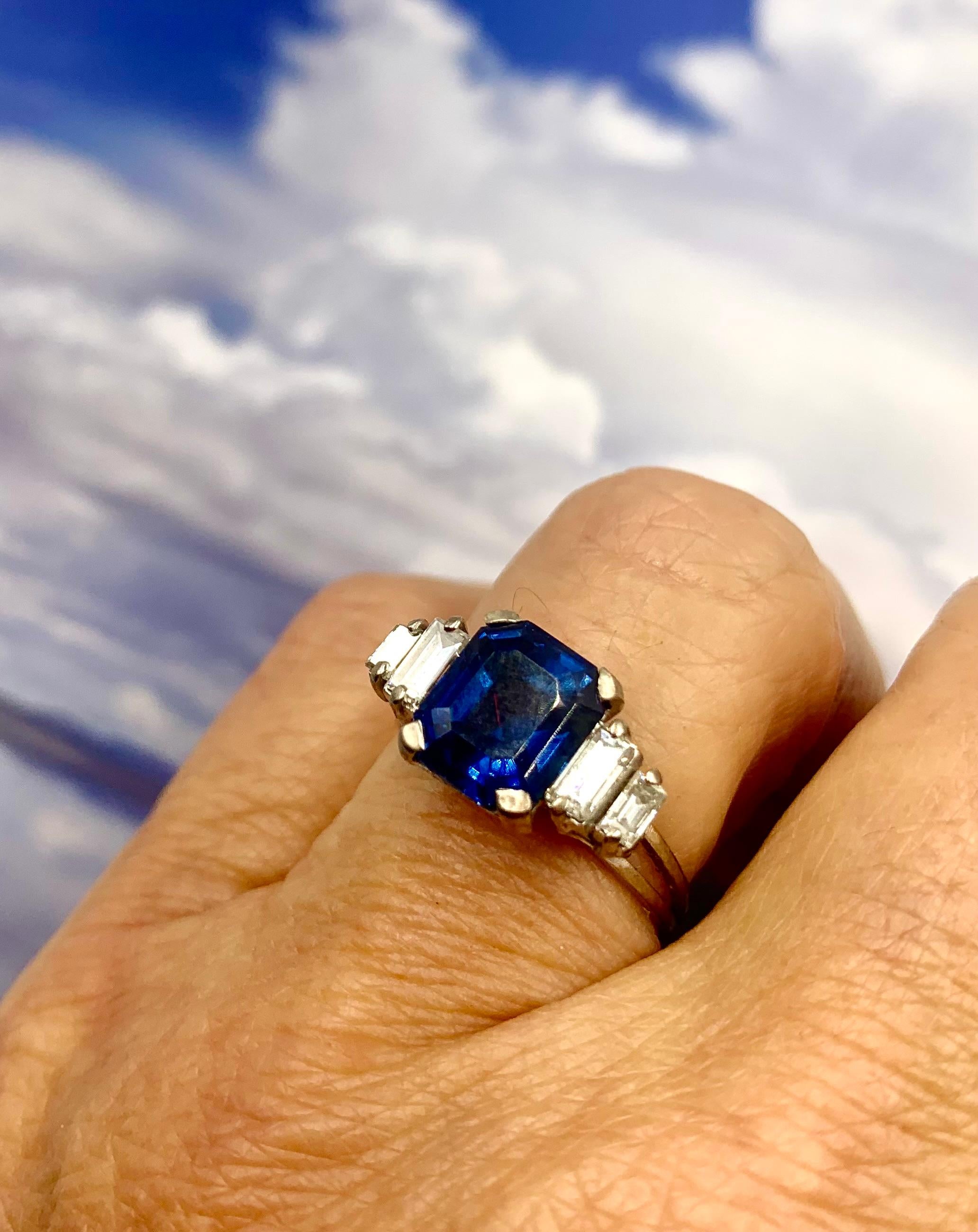 Fine Art Deco Natural Sapphire Diamond 18K White Gold Engagement Ring, GIA For Sale 7