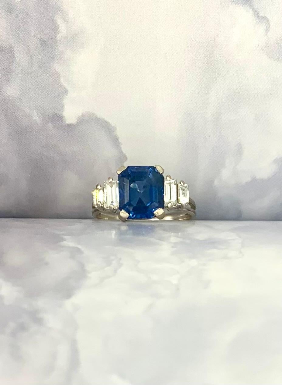 Fine Art Deco Natural Sapphire Diamond 18K White Gold Engagement Ring, GIA For Sale 8
