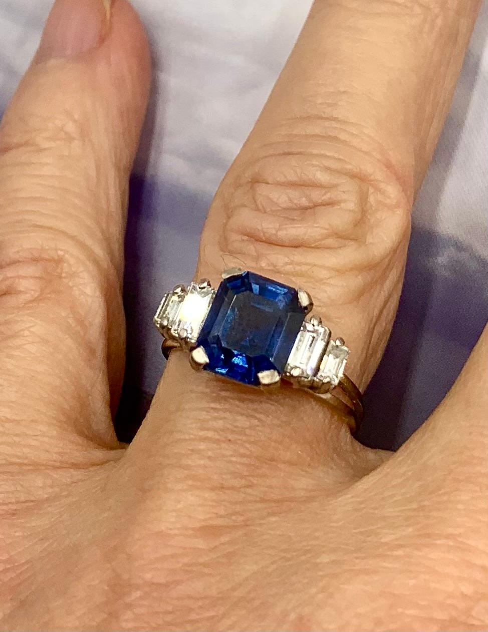 Octagon Cut Fine Art Deco Natural Sapphire Diamond 18K White Gold Engagement Ring, GIA For Sale