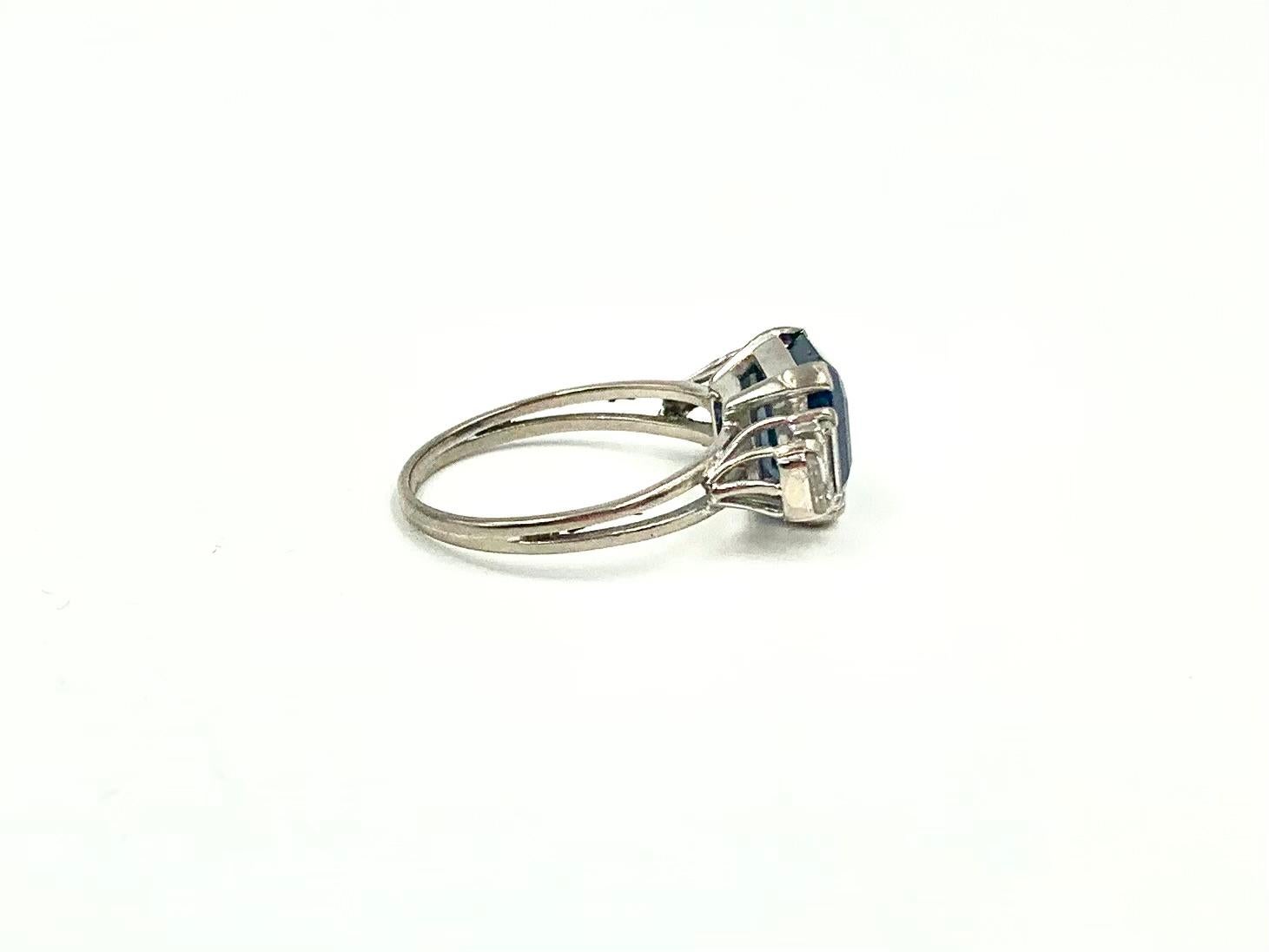 Fine Art Deco Natural Sapphire Diamond 18K White Gold Engagement Ring, GIA For Sale 4