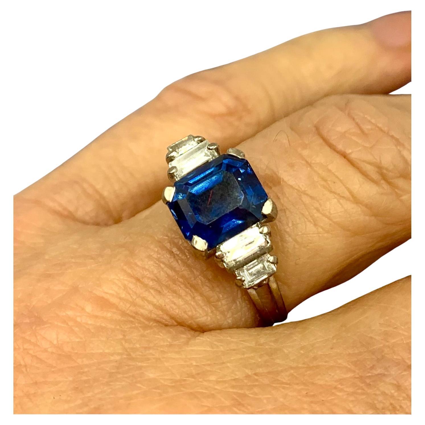 Fine Art Deco Natural Sapphire Diamond 18K White Gold Engagement Ring, GIA