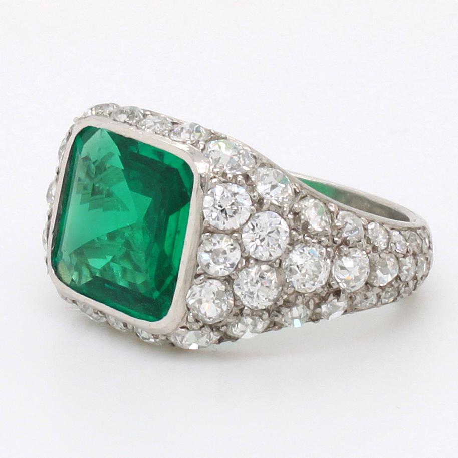 Women's or Men's Fine Art Deco No-Oil Colombian Emerald and Diamond Ring, ca. 1920 For Sale