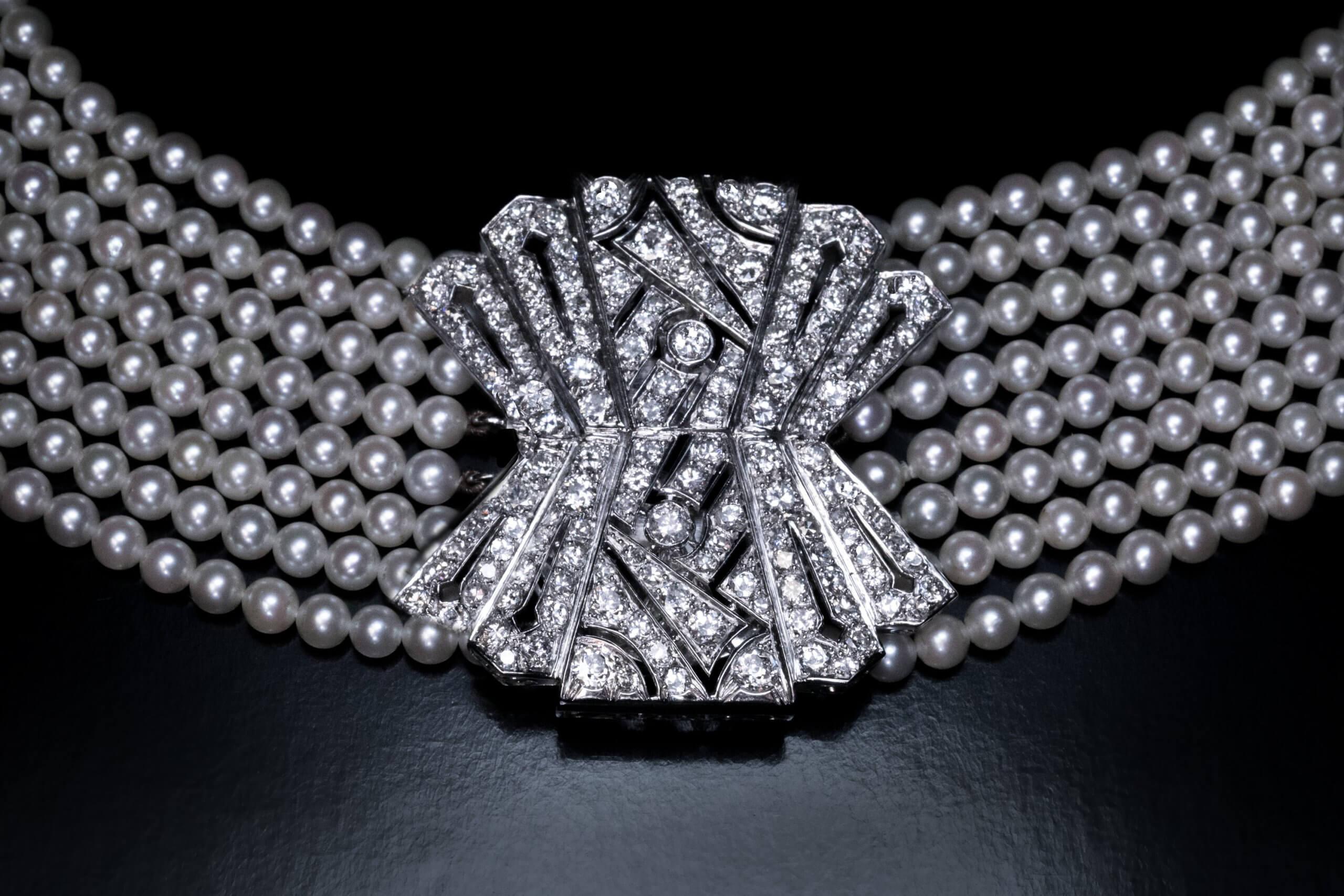 Fine Art Deco Pearl Diamond Choker Necklace In Excellent Condition For Sale In Chicago, IL