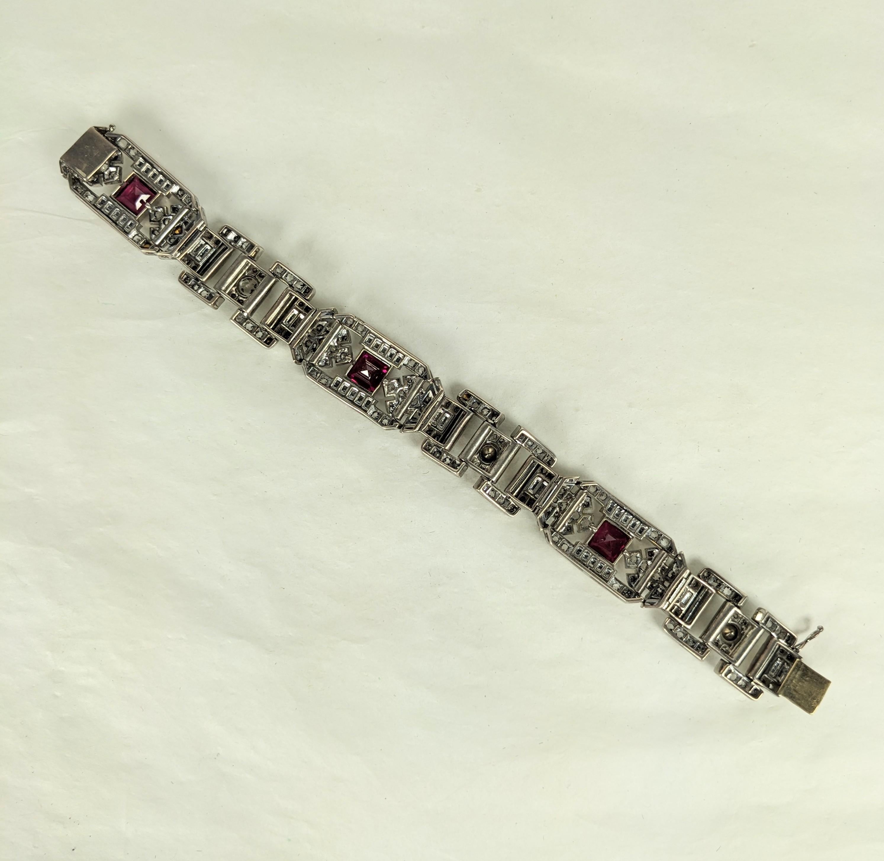 Round Cut Fine Art Deco Ruby and Crystal Paste Bracelet  For Sale