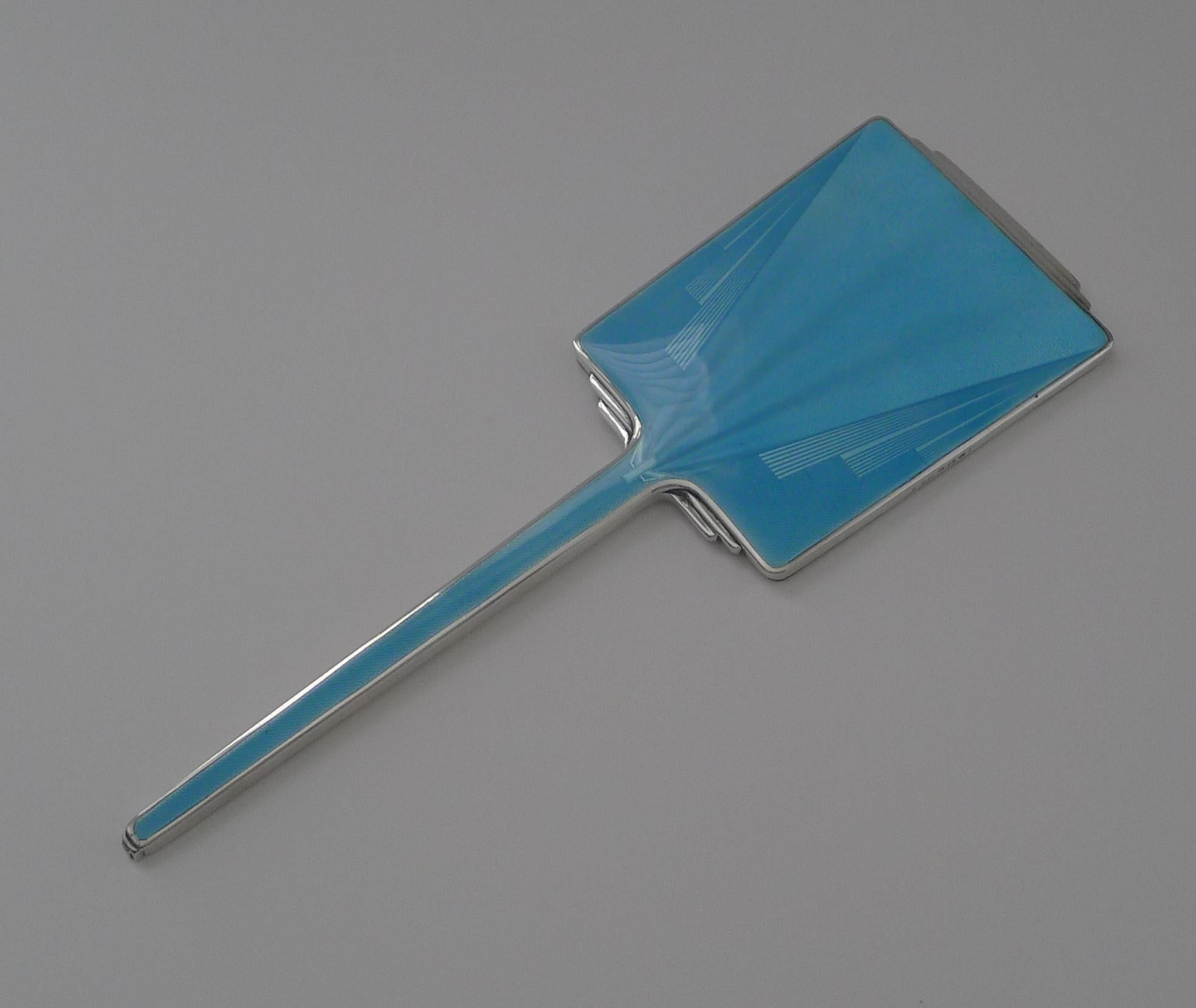 Fine Art Deco Silver and Guilloche Enamel Hand Mirror In Good Condition For Sale In Bath, GB