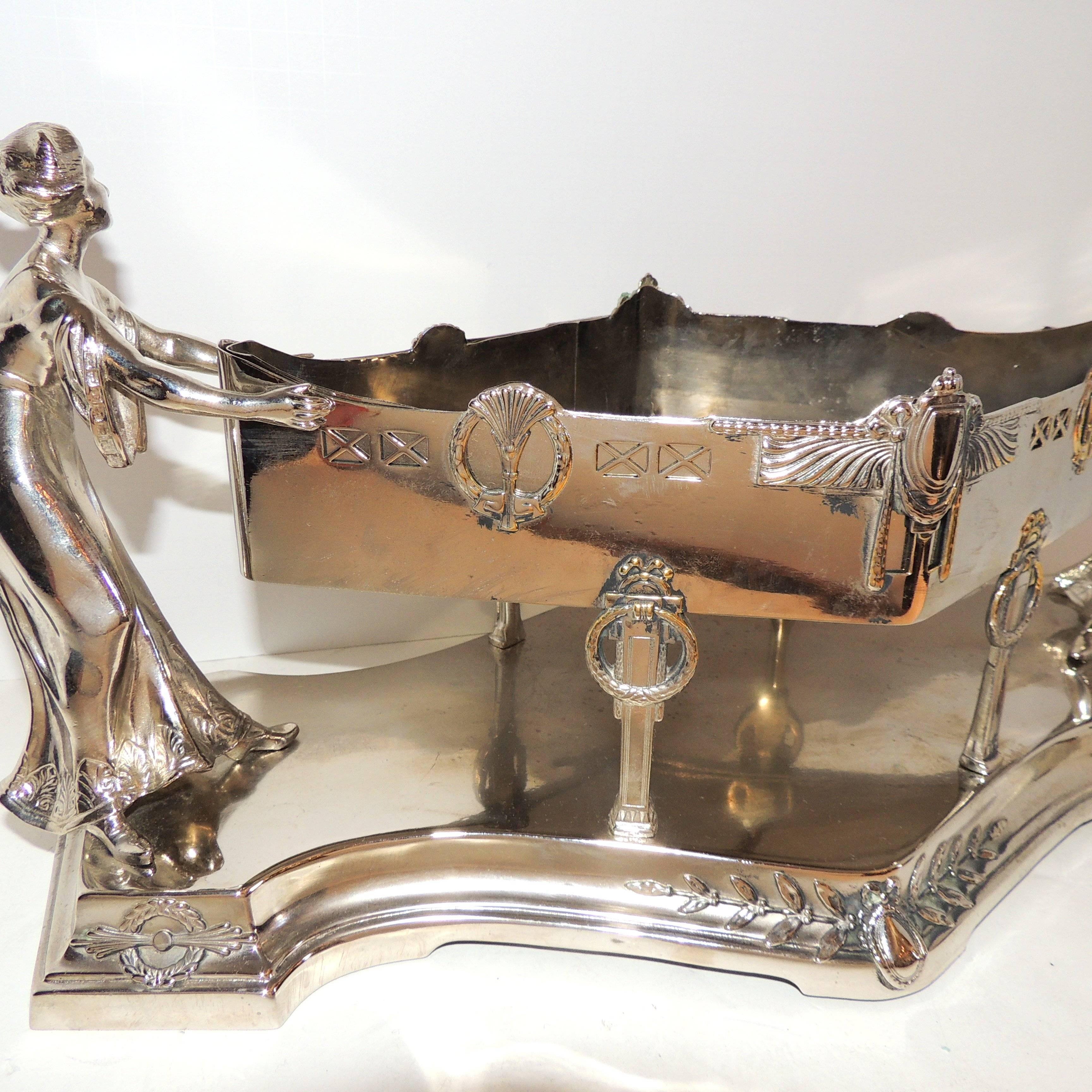 French Fine Art Deco Silver Plated Argentor WMF Lady Figural Centerpiece Planter Insert For Sale