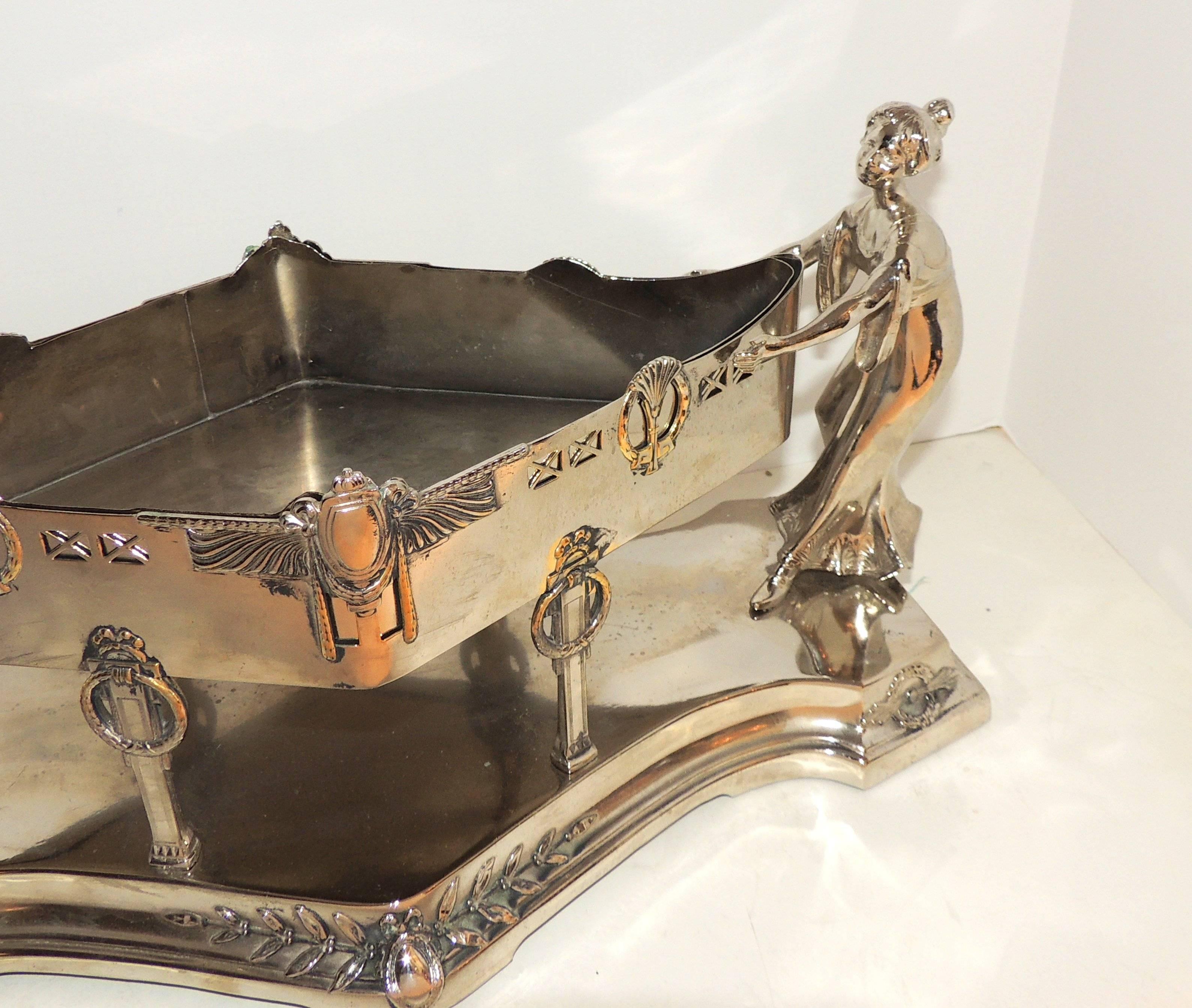 Fine Art Deco Silver Plated Argentor WMF Lady Figural Centerpiece Planter Insert In Good Condition For Sale In Roslyn, NY