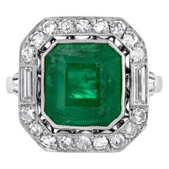 Fine Art Deco Style 5.50ctw GIA Green Emerald and Diamond Platinum Ring Fine Art Deco Style 5.50ctw GIA Green Emerald and Diamond Platinum Ring