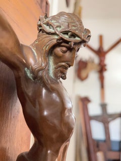 Fine Art Deco Wall Crucifix Depicting Bronze Corpus Mounted on an Oak Cross 1920