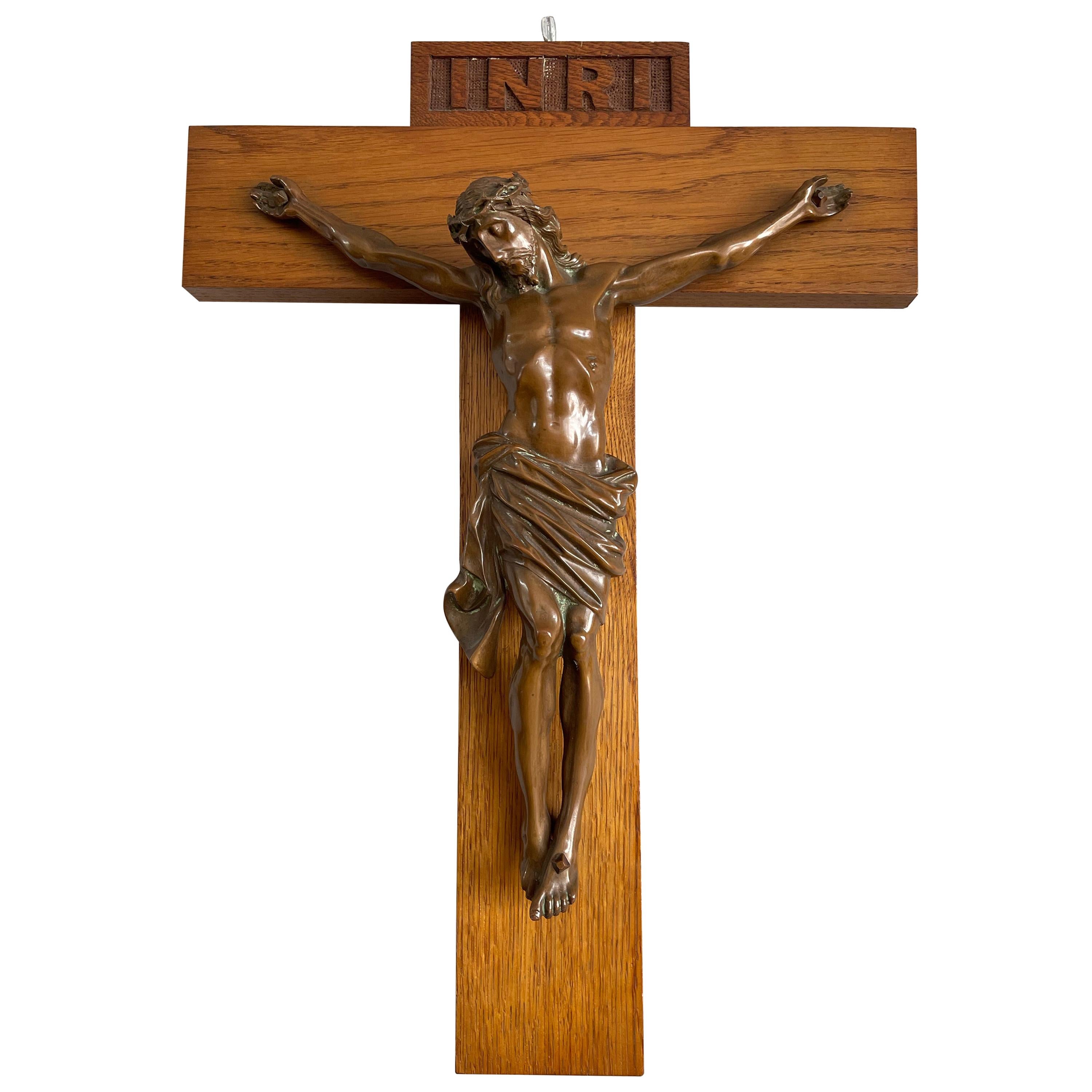 Fine Art Deco Wall Crucifix Depicting Bronze Corpus Mounted on an Oak Cross 1920