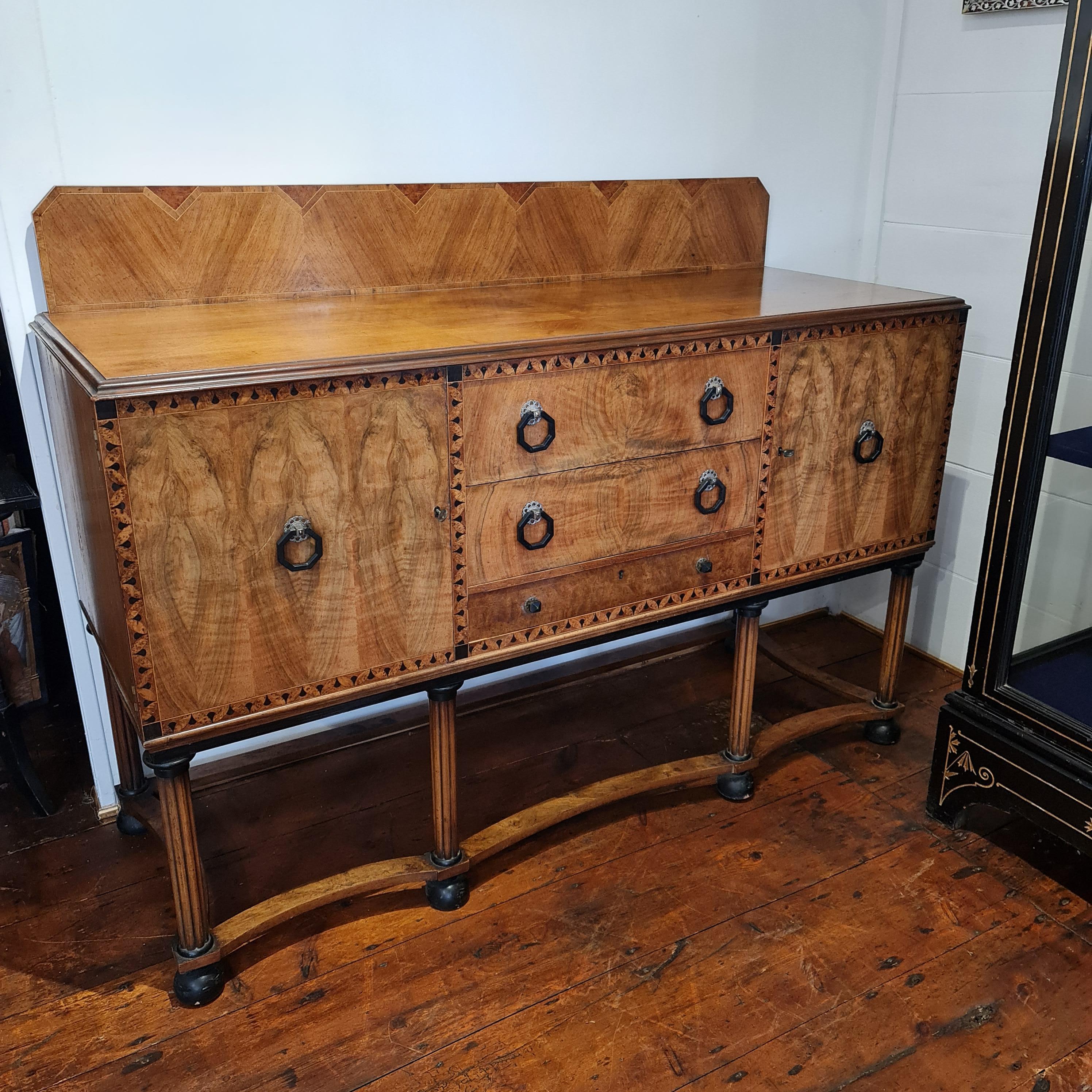British Fine Art Deco walnut inlaid Sideboard  Waring & Gillow