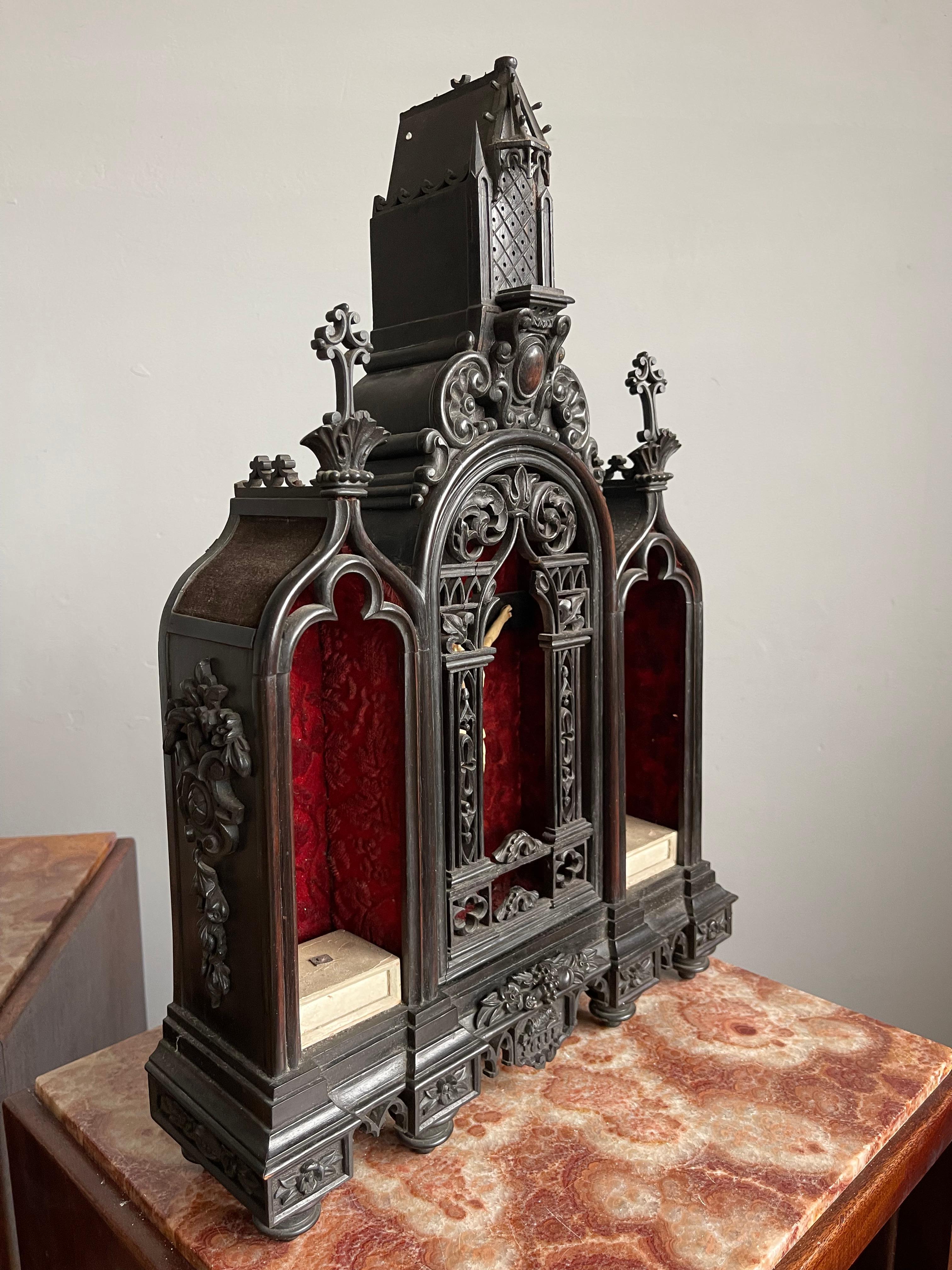 All hand-carved miniature masterpiece, ideal as a home shrine.

This unique and wonderful work of religious art is completely handcrafted and the design is truly beautiful. This 19th century antique comes with a great many ultra fine, handcarved