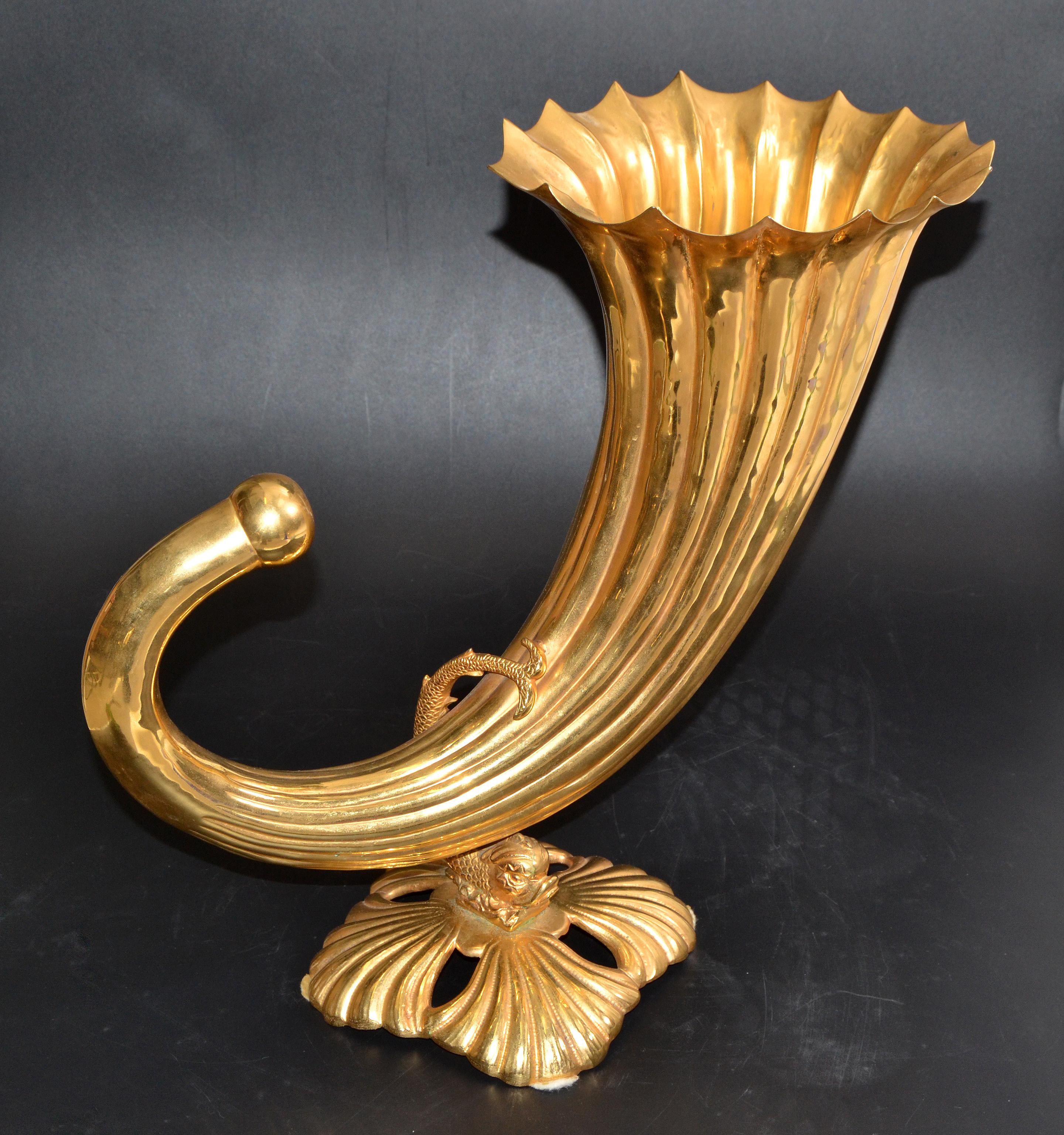 Art Nouveau Fine Art Italian Gilt Bronze Cornucopia Vase Sea Serpent Decoration 20th Century For Sale