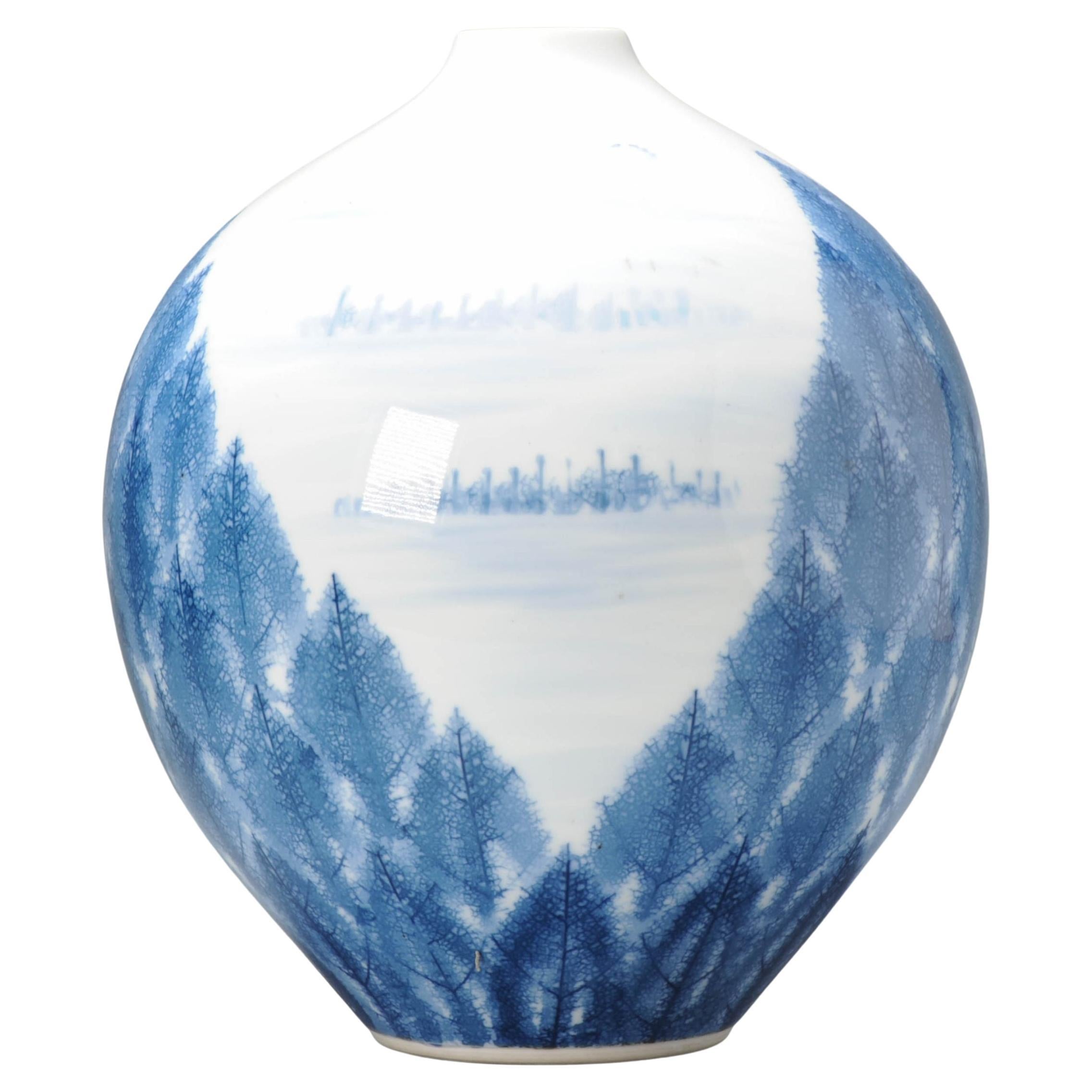 Fine Art Japanese Vase Arita, Artist Fujii Shumei Winter Landscape Born, 1936 For Sale