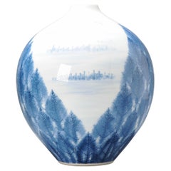 Vintage Fine Art Japanese Vase Arita, Artist Fujii Shumei Winter Landscape Born, 1936