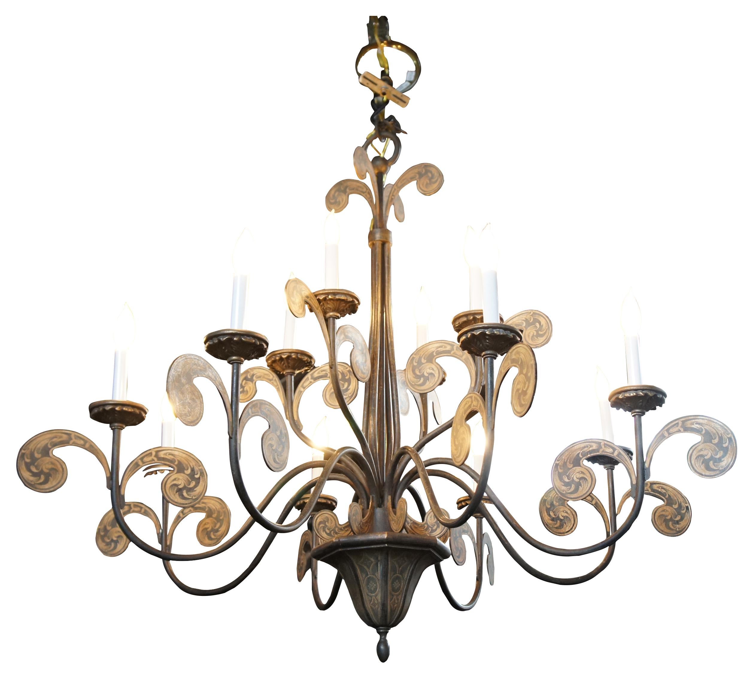 Two-tier chandelier with antiqued medieval acanthus leaf pattern in timeworn tea-stain and ebony.