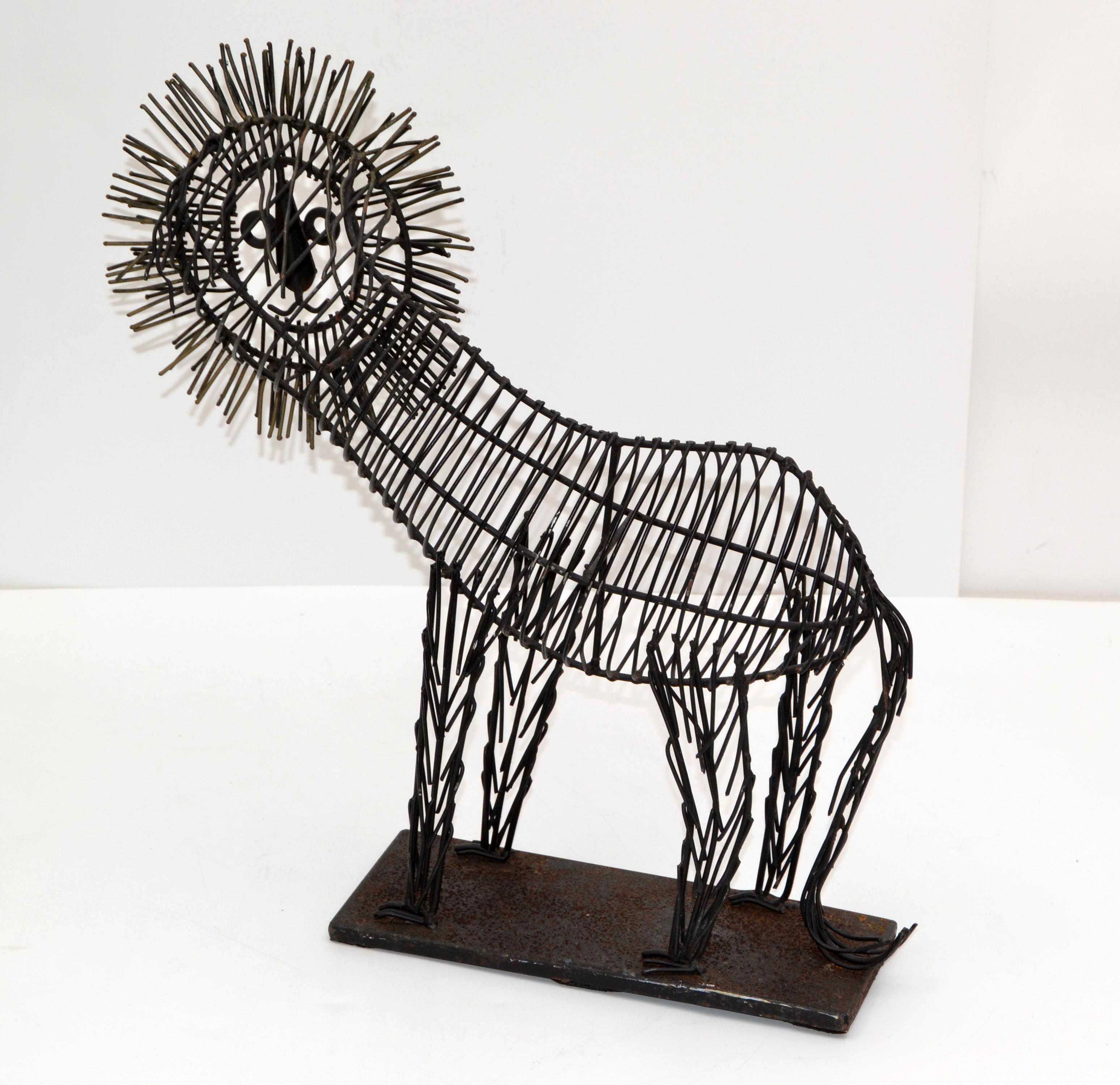 Hand-Crafted Fine Art Mid-Century Modern Black Wire Lion Table Sculpture, Animal Sculpture For Sale