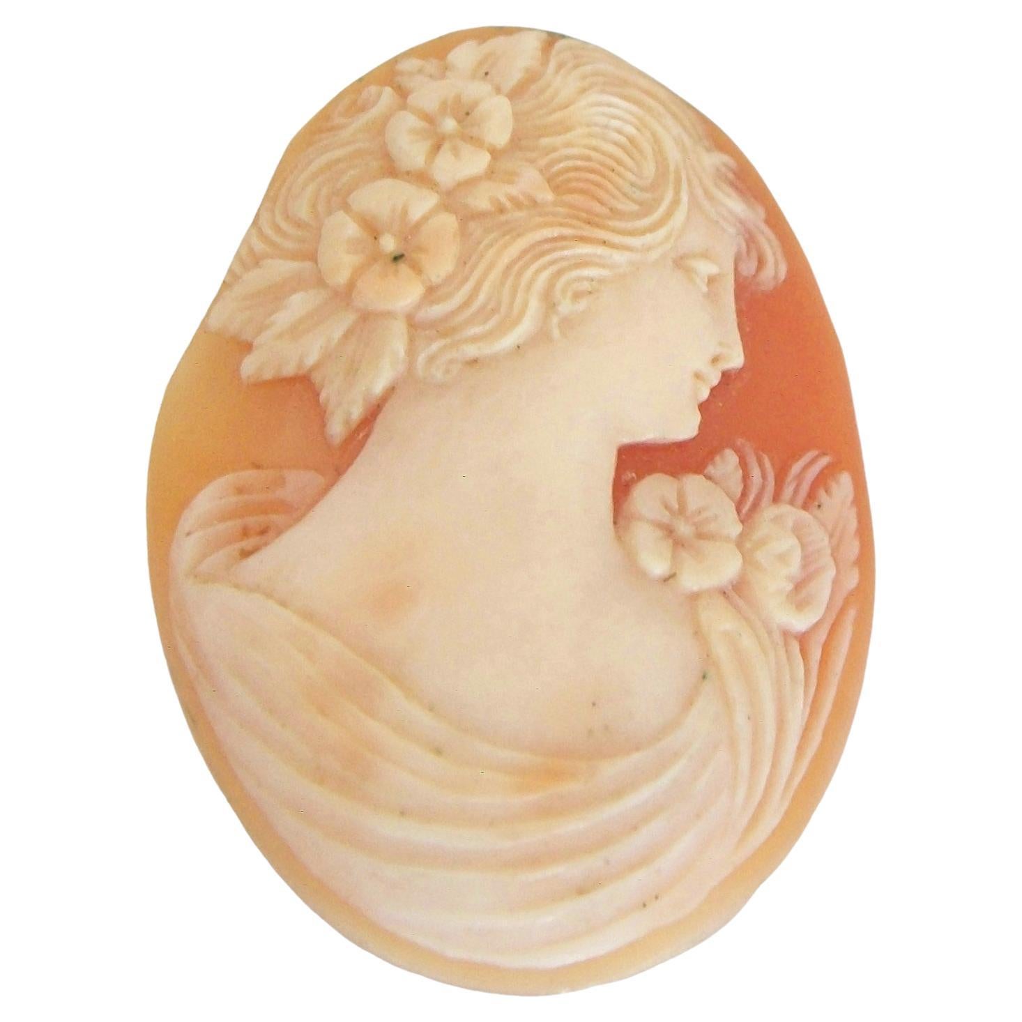 Fine Art Nouveau Shell Cameo, Woman & Flowers, Unmounted, Italy, circa 1900