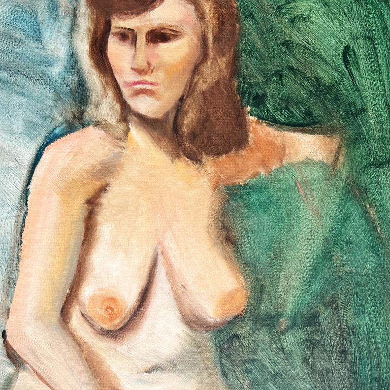 20th Century Fine Art Post Modern Portrait Painting of A Nude Woman on Green by Clair Seglem  For Sale