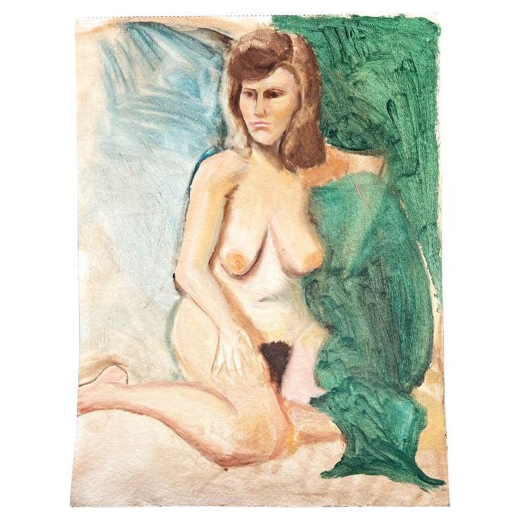 Fine Art Post Modern Portrait Painting of A Nude Woman on Green by Clair Seglem  For Sale