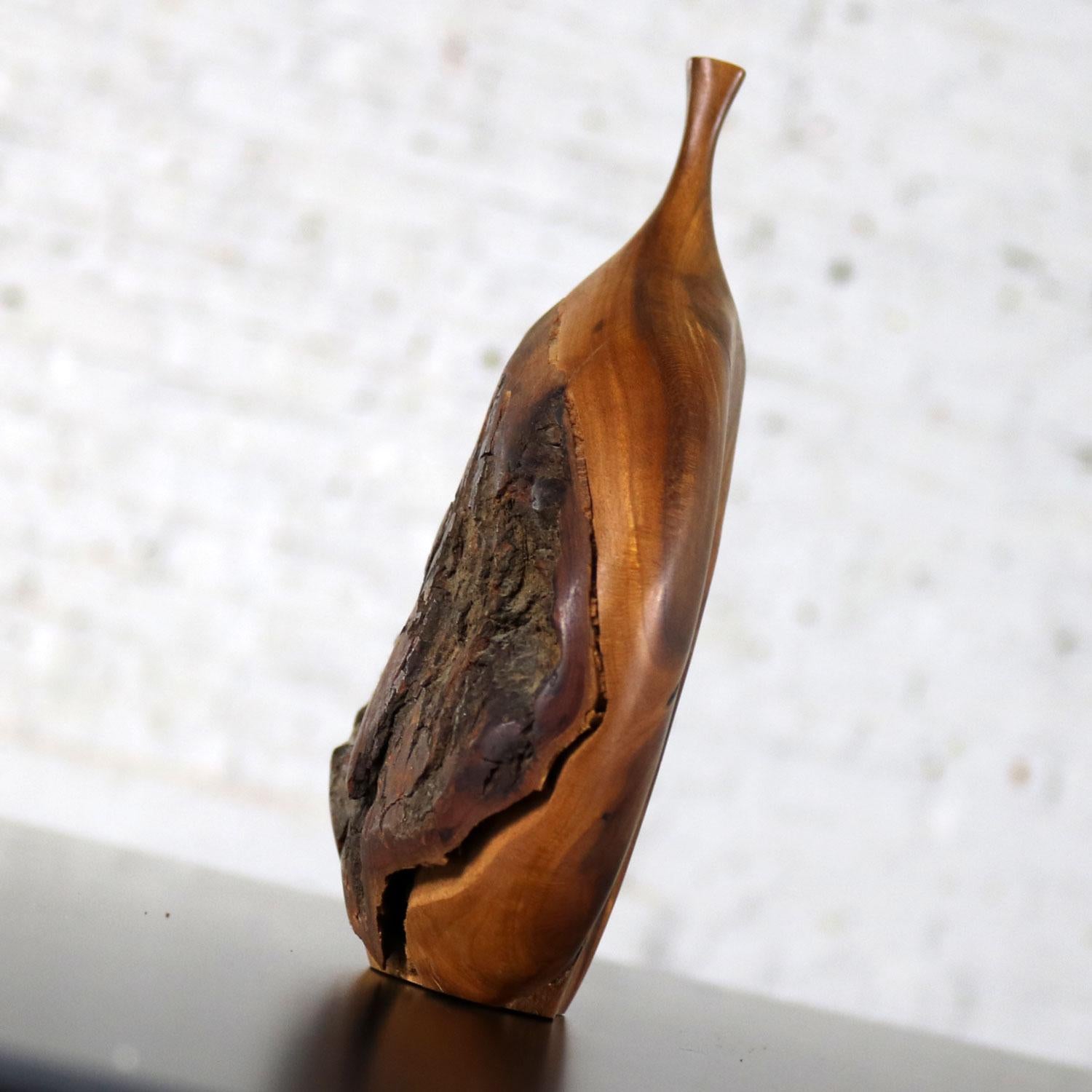 Mid-Century Modern Fine Art Turned Apricot Wood Delicate Weed Vase with Natural Bark by Doug Ayers