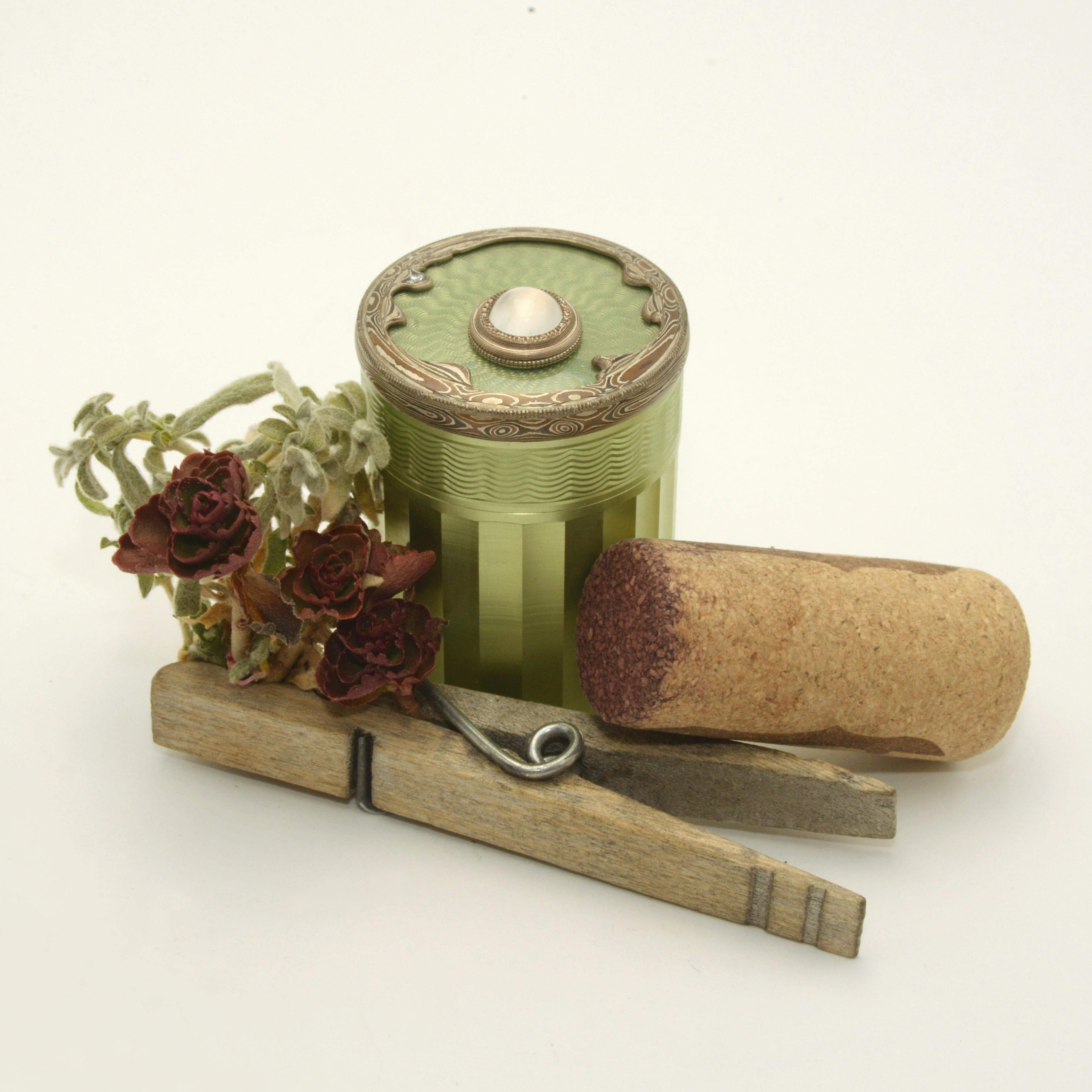 Artisan Fine Art Vessel with Green Guilloche Enamel Moonstone and Mokume Cane Metal