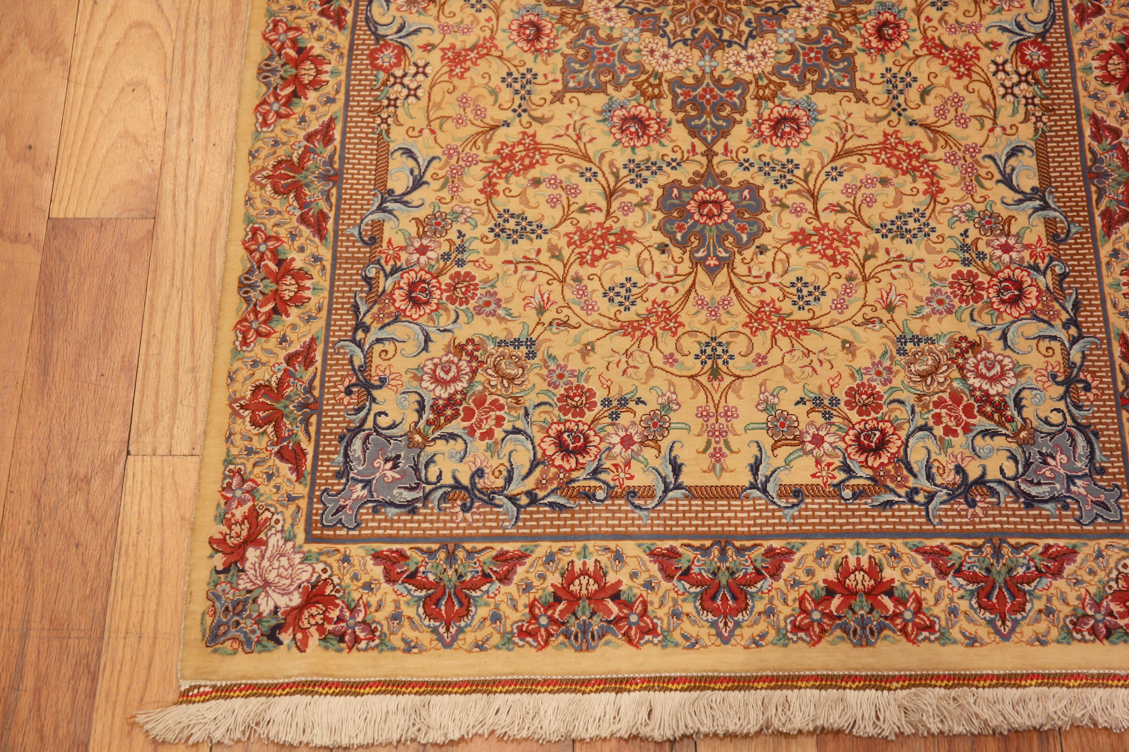 Beautiful Fine Artistic Small Floral Vintage Luxurious Persian Silk Qum Rug, country of origin: Persian Rugs, Circa date: Vintage