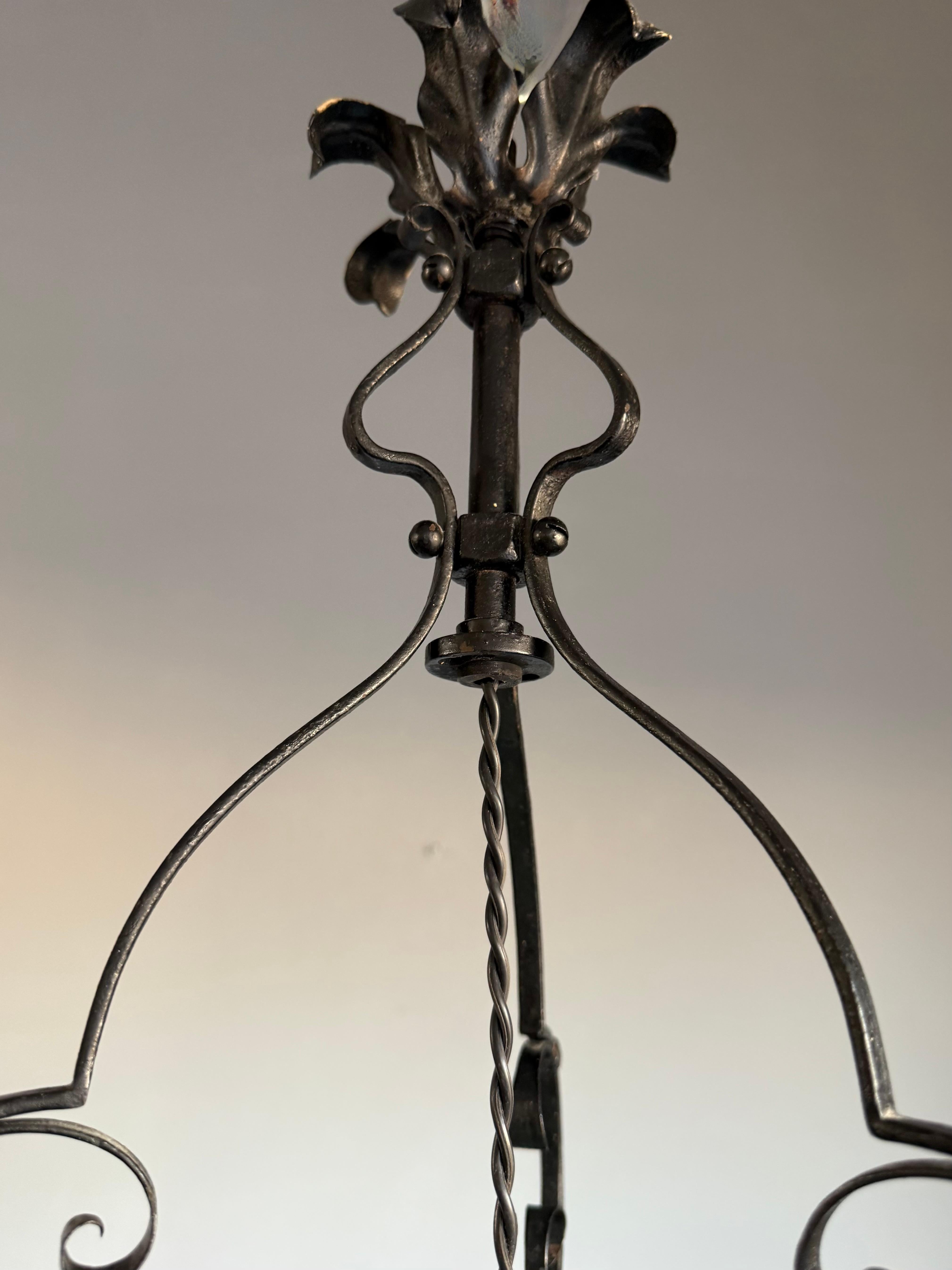 Fine Arts & Crafts Wrought Iron & Opalescent Glass Entry Hallway Lantern Pendant For Sale 2