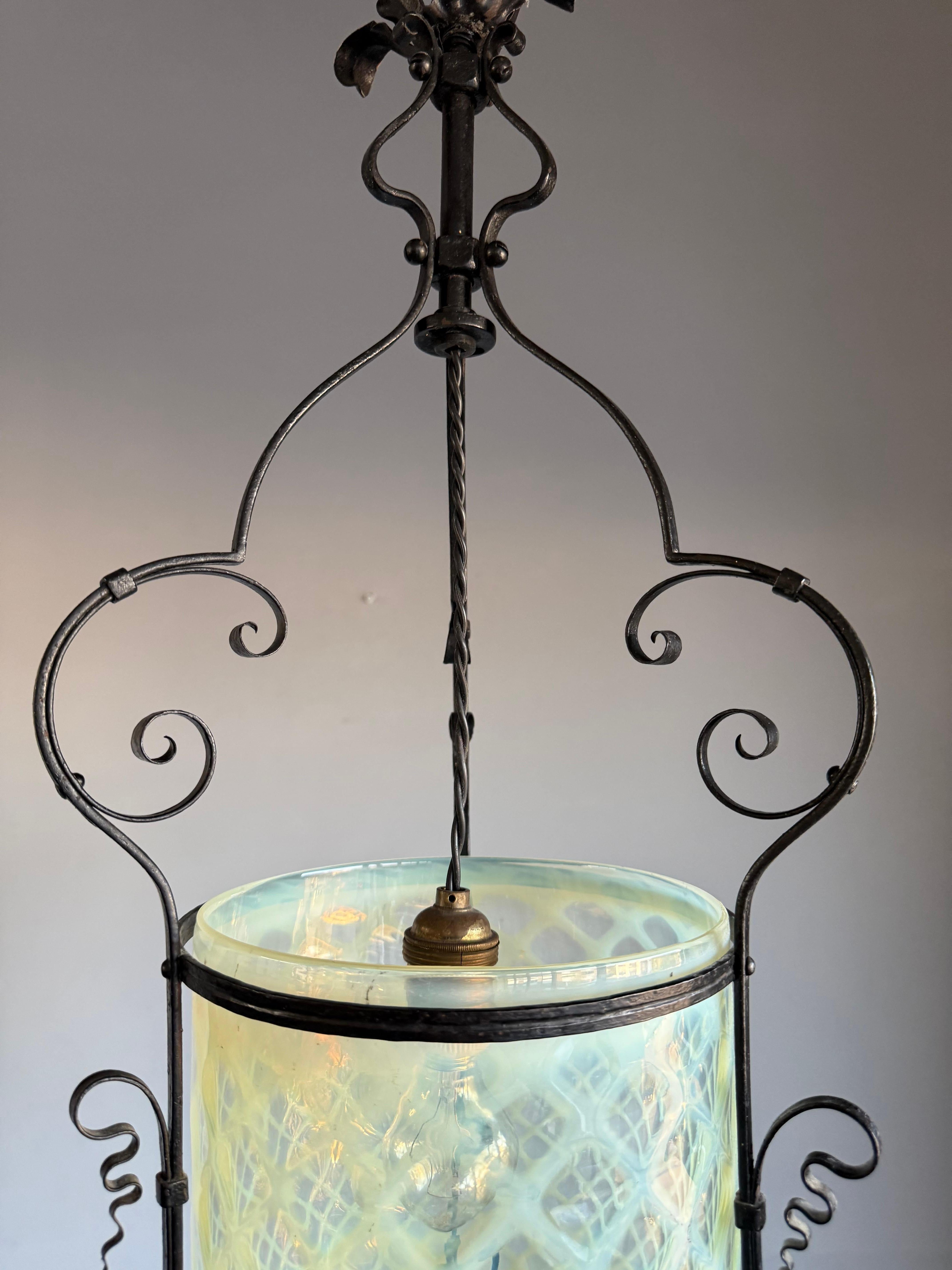 Fine Arts & Crafts Wrought Iron & Opalescent Glass Entry Hallway Lantern Pendant For Sale 3