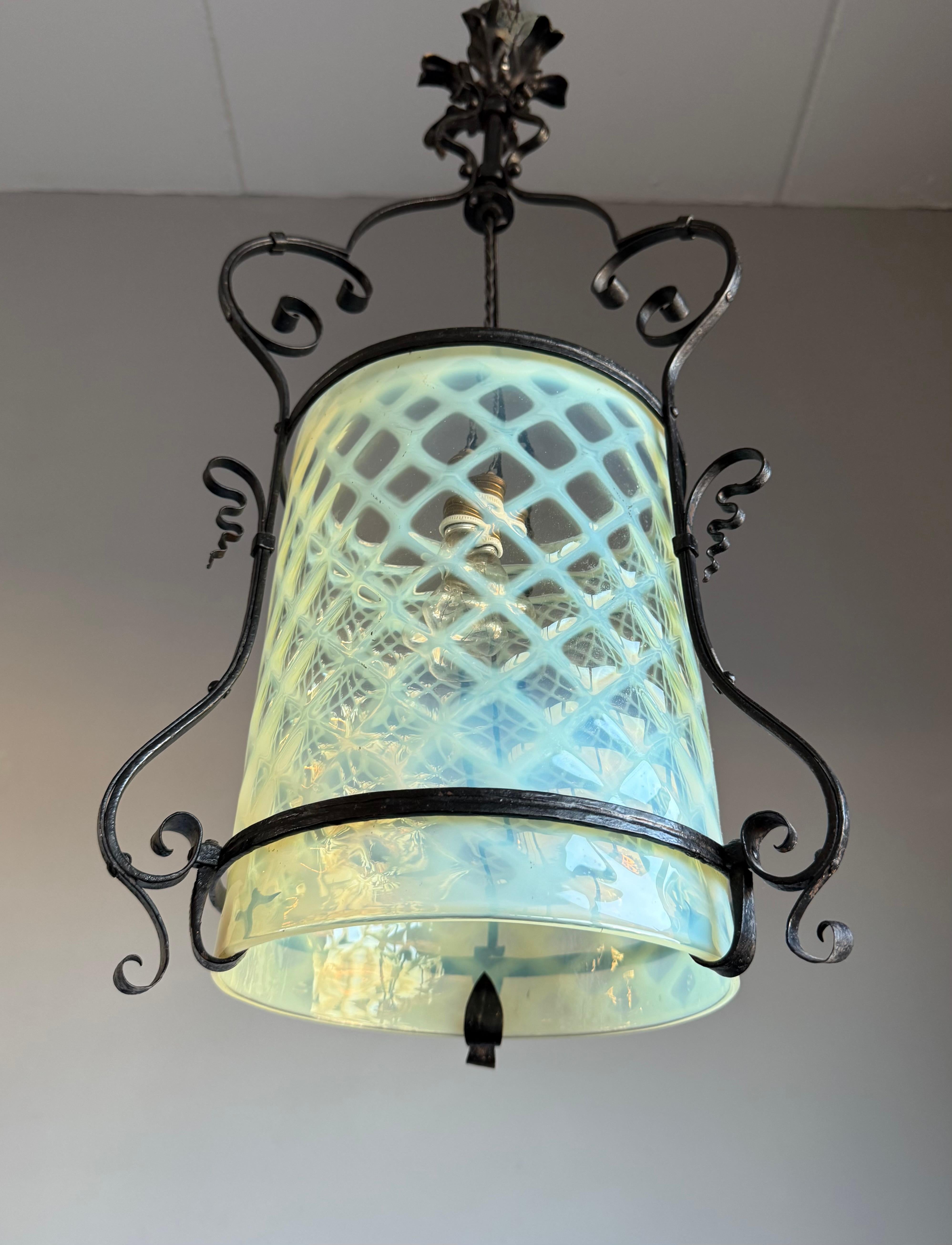 Fine Arts & Crafts Wrought Iron & Opalescent Glass Entry Hallway Lantern Pendant For Sale 4