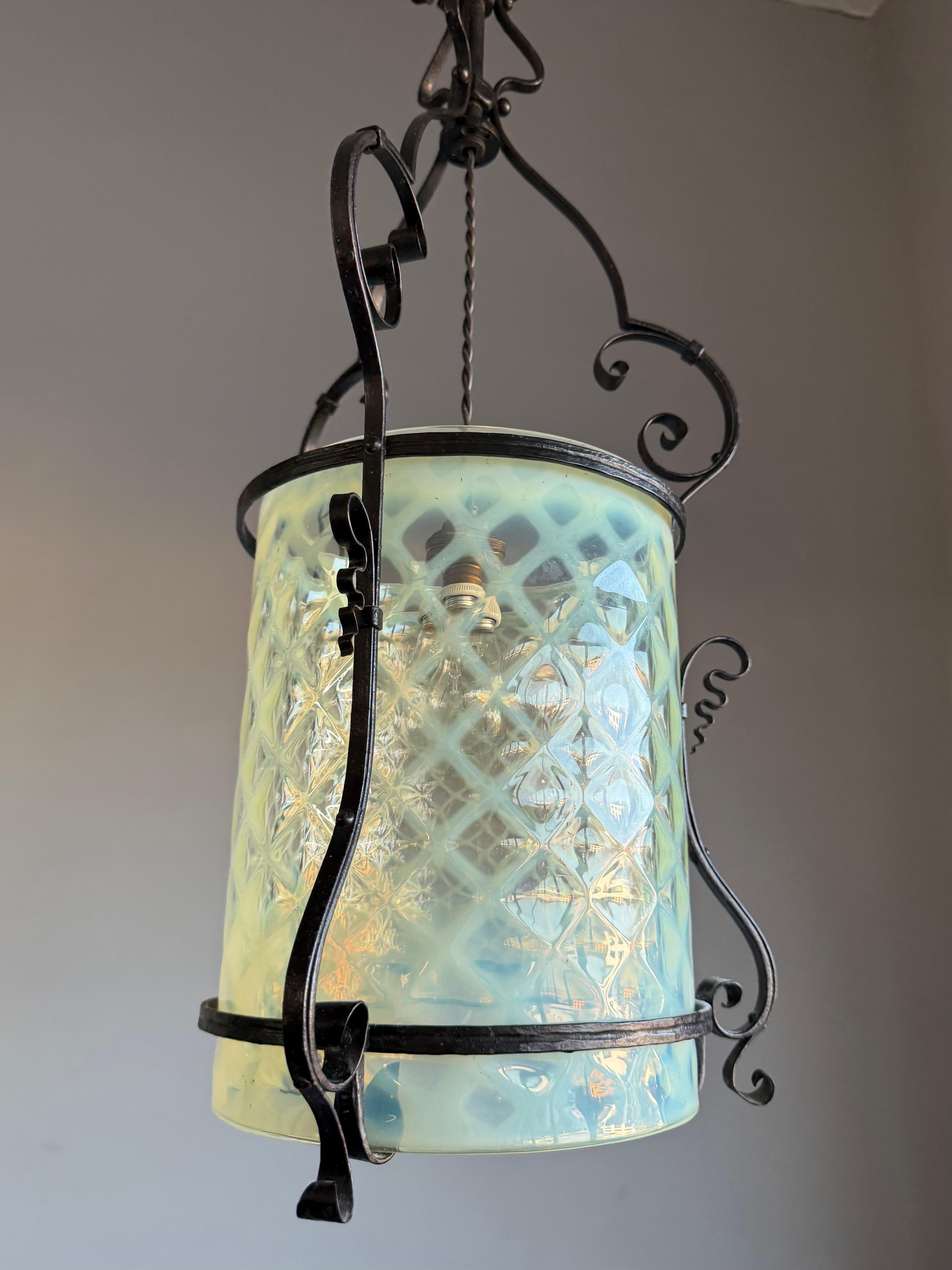 Fine Arts & Crafts Wrought Iron & Opalescent Glass Entry Hallway Lantern Pendant For Sale 5