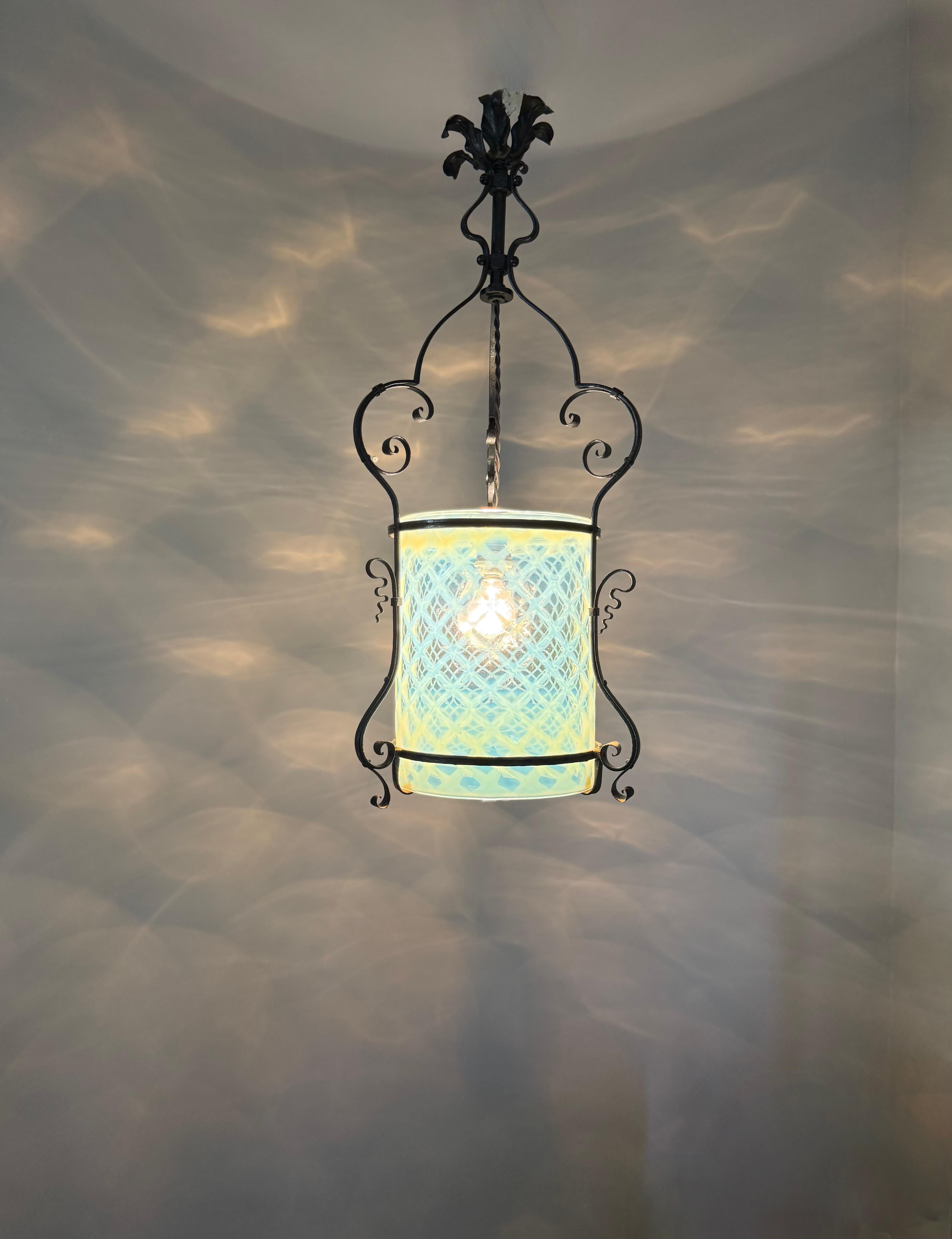 Fine Arts & Crafts Wrought Iron & Opalescent Glass Entry Hallway Lantern Pendant For Sale 6
