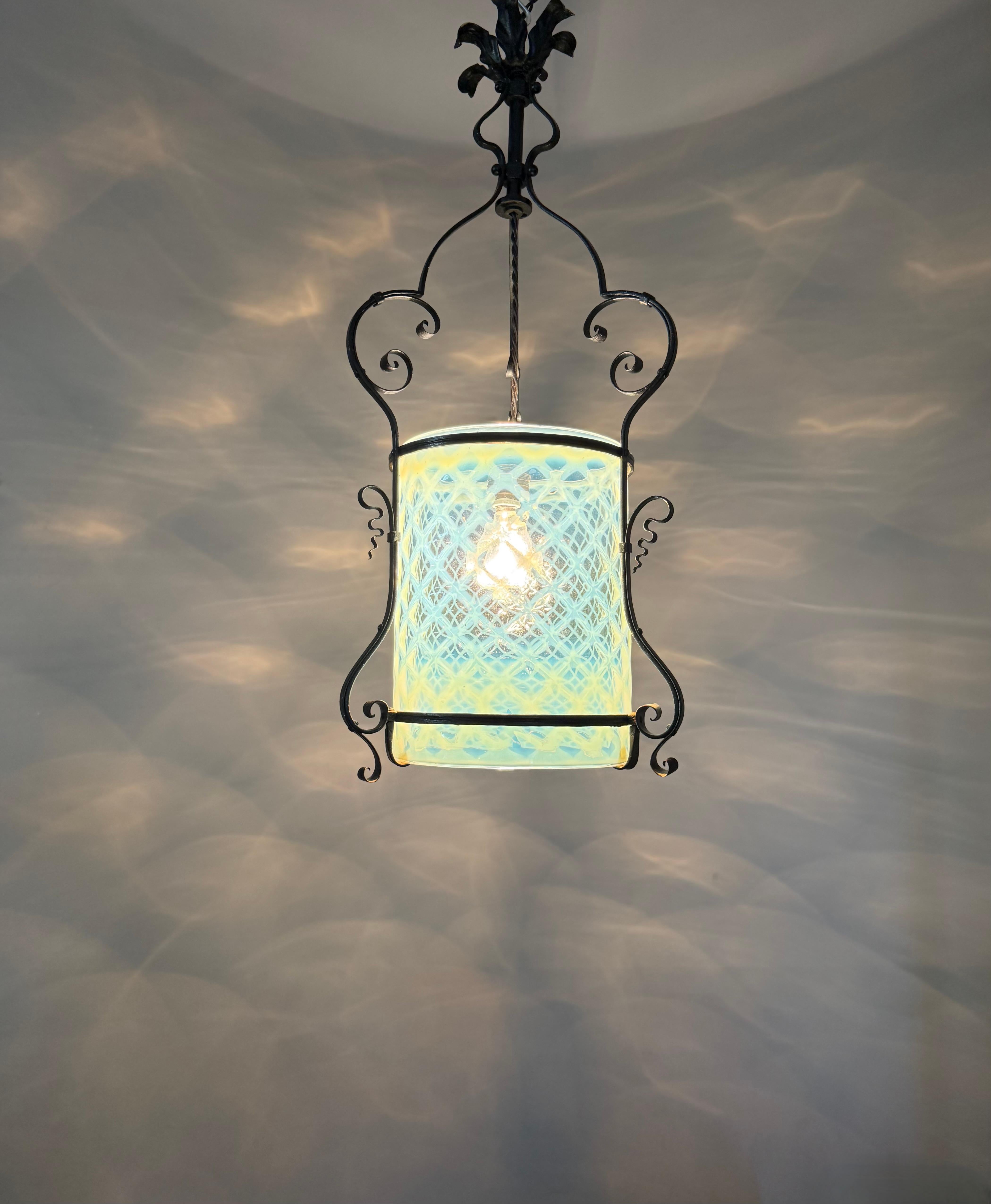 Fine Arts & Crafts Wrought Iron & Opalescent Glass Entry Hallway Lantern Pendant For Sale 7