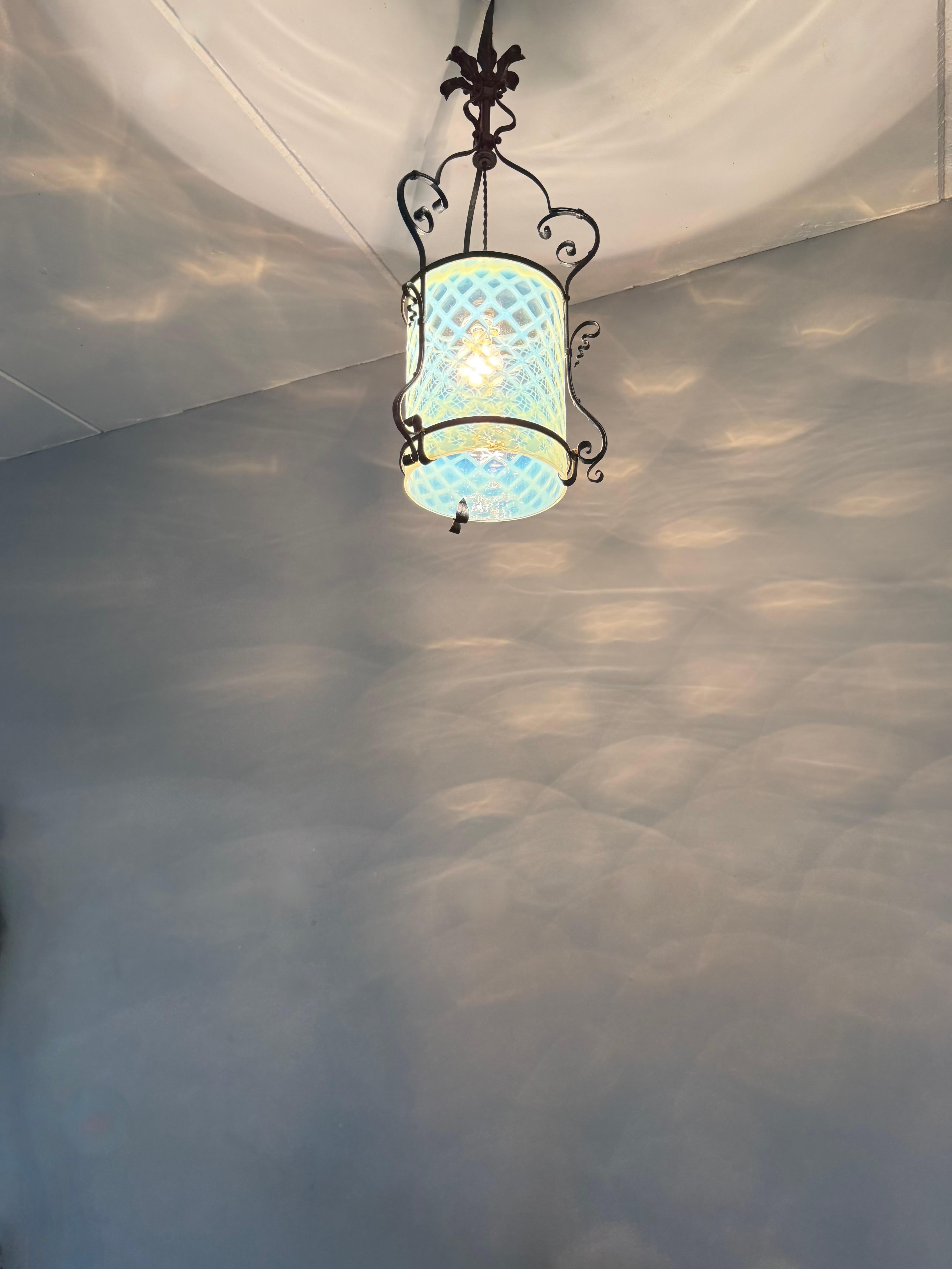 Fine Arts & Crafts Wrought Iron & Opalescent Glass Entry Hallway Lantern Pendant For Sale 8