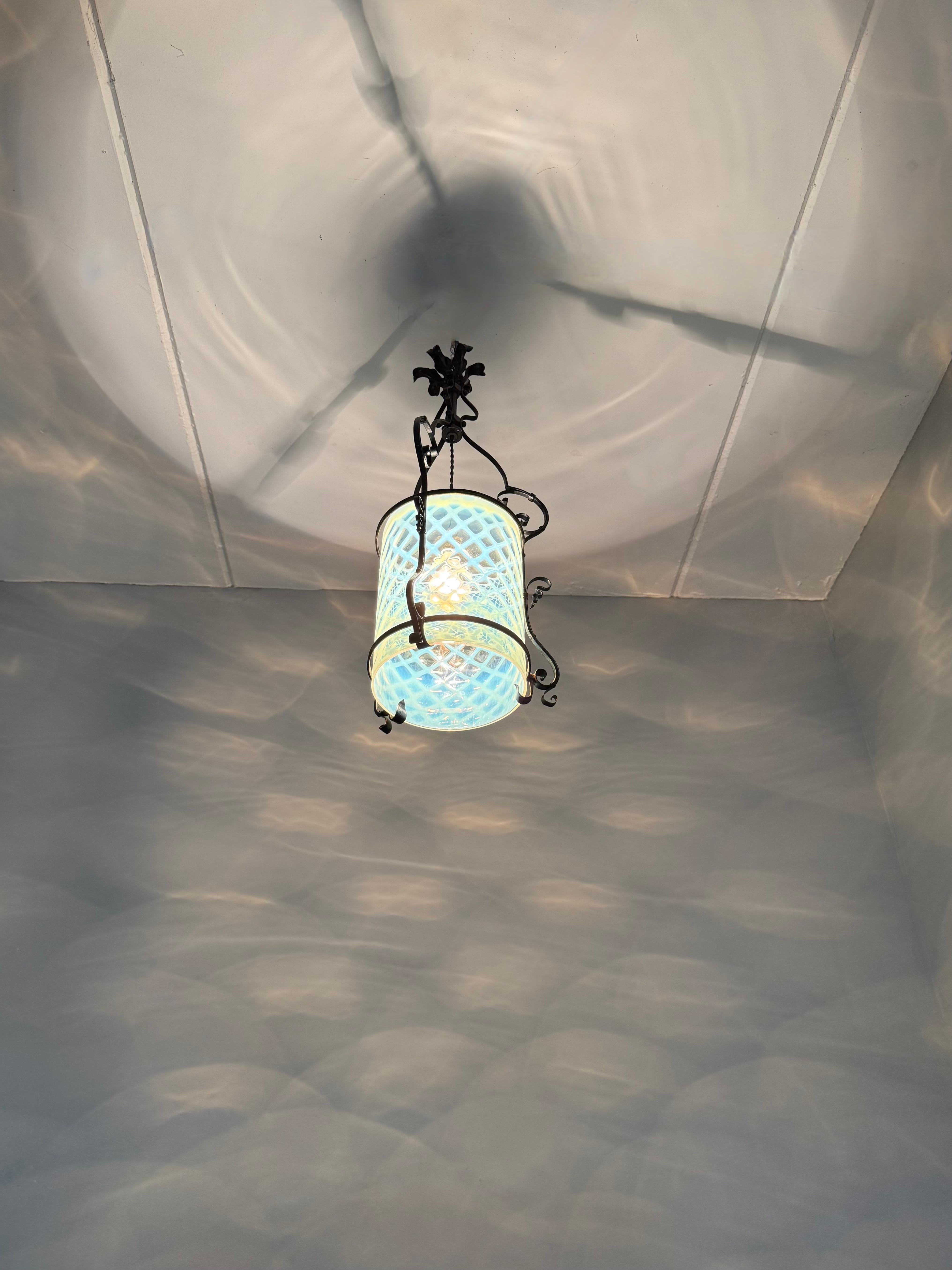 Fine Arts & Crafts Wrought Iron & Opalescent Glass Entry Hallway Lantern Pendant For Sale 9
