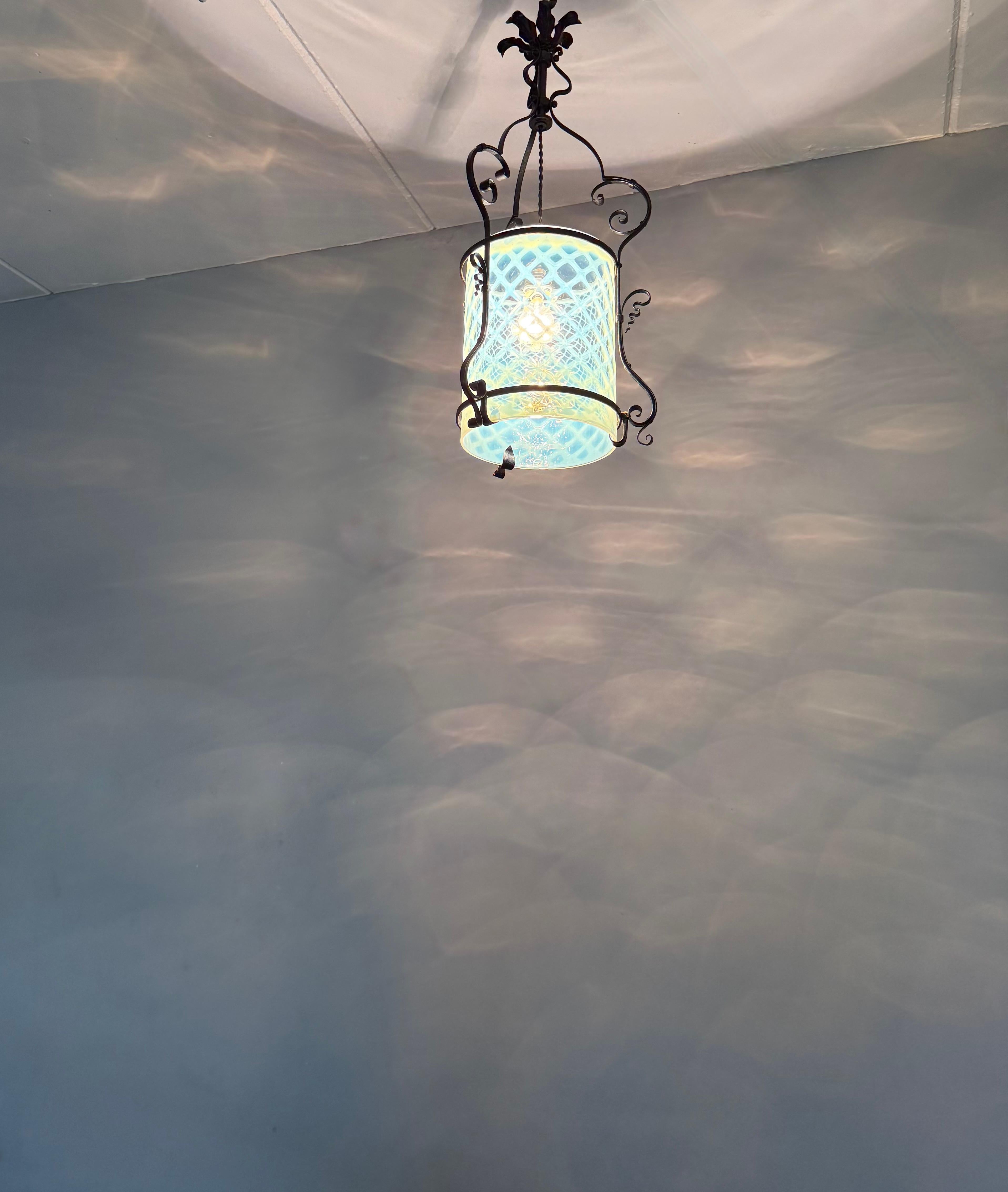 Fine Arts & Crafts Wrought Iron & Opalescent Glass Entry Hallway Lantern Pendant For Sale 10
