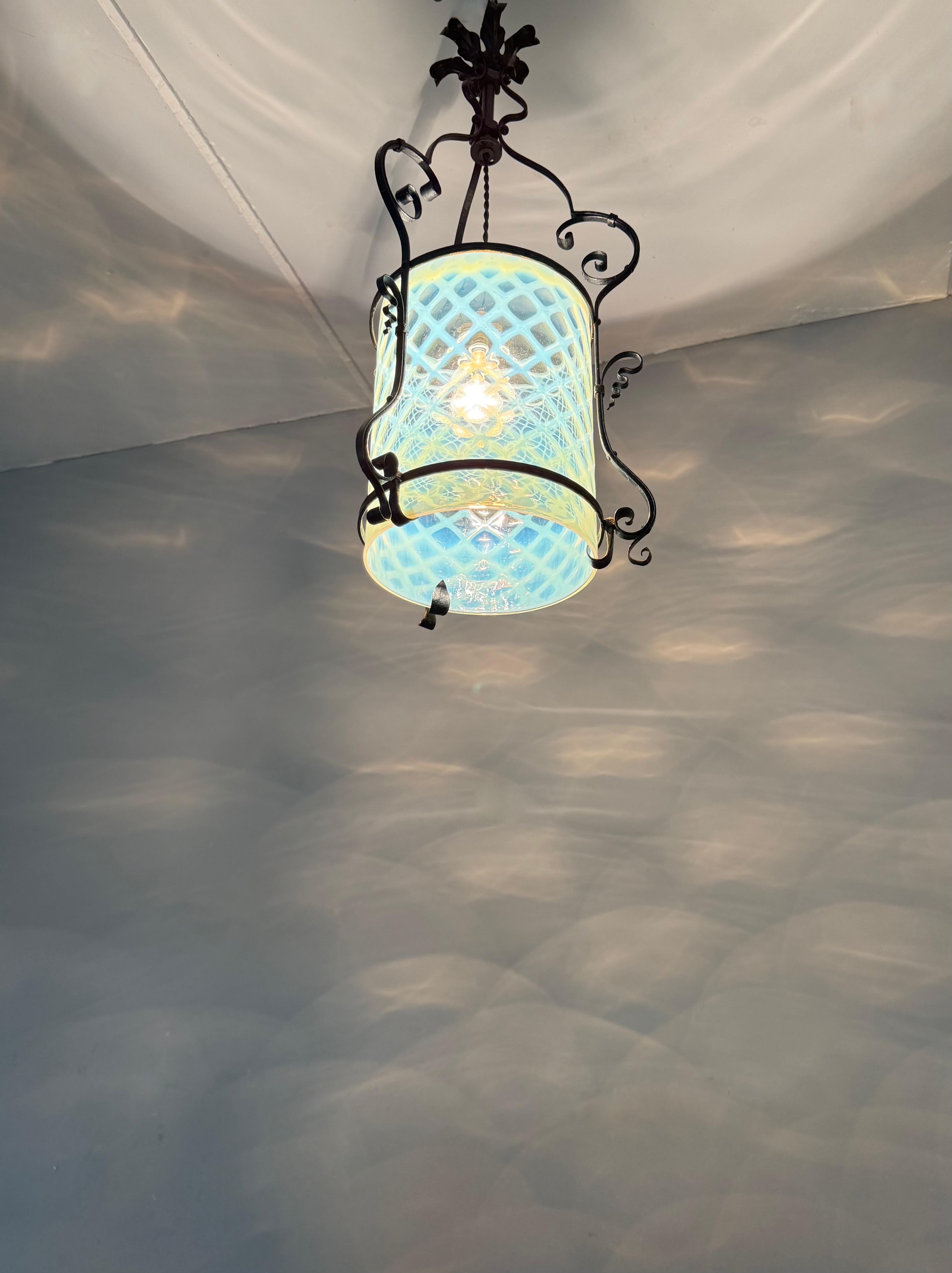 Fine Arts & Crafts Wrought Iron & Opalescent Glass Entry Hallway Lantern Pendant For Sale 11