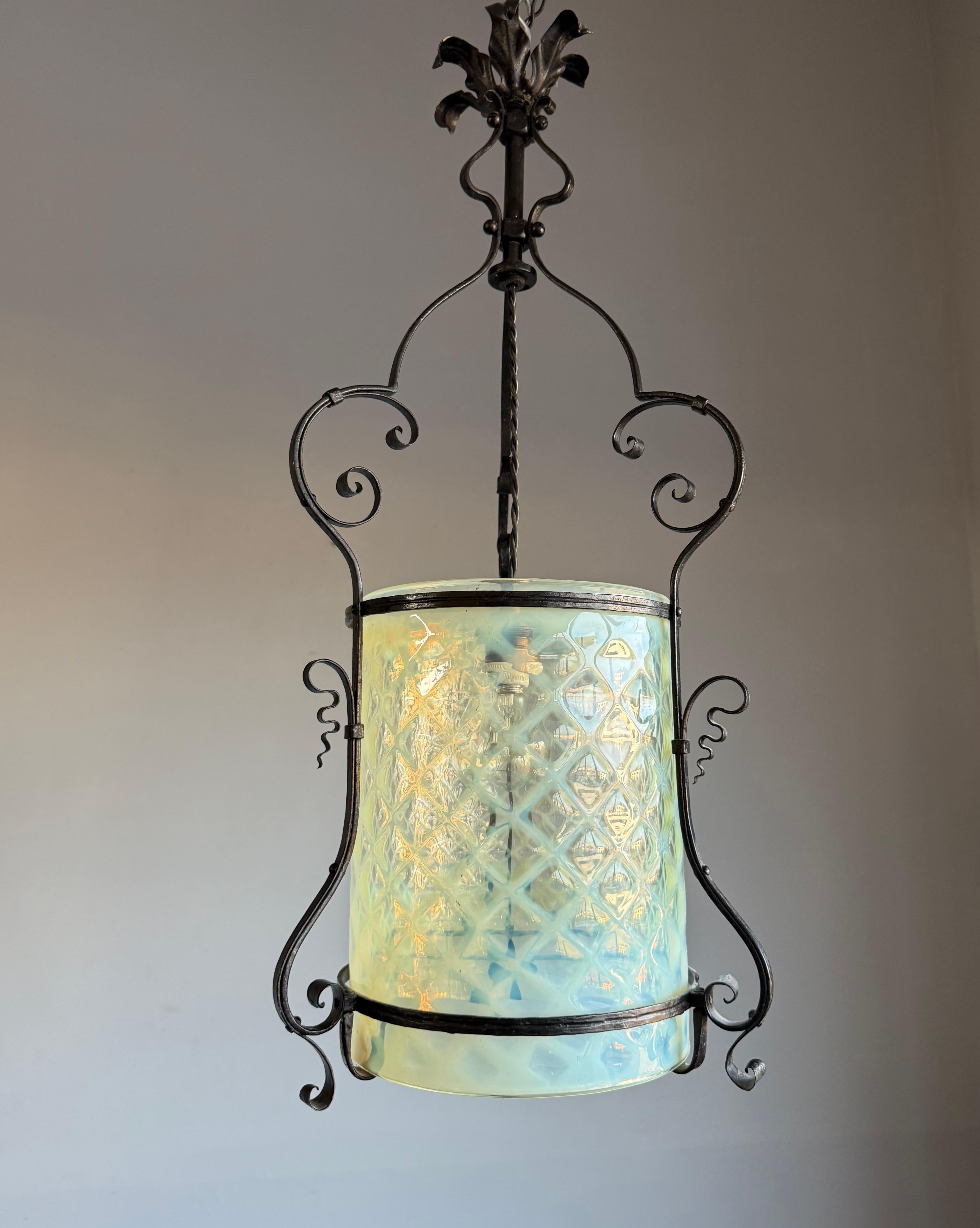 Unique hand crafted, antique hall lantern with striking cylindrical glass.

If you are looking for a rare, elegant, truly stylish and all-handcrafted pendant to grace your hallway, stairwell or landing then this early 1900s European work of lighting