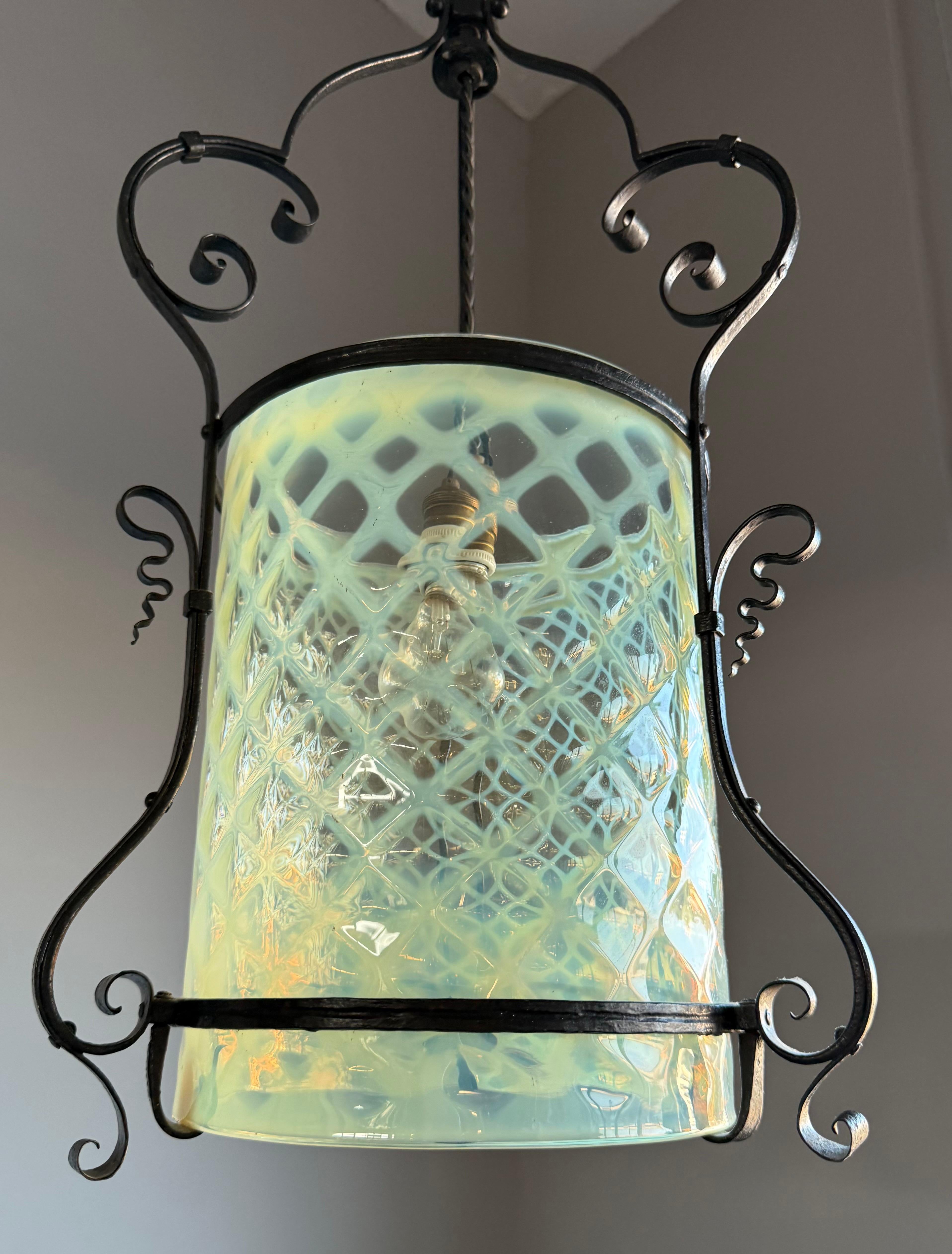 Fine Arts & Crafts Wrought Iron & Opalescent Glass Entry Hallway Lantern Pendant For Sale 12