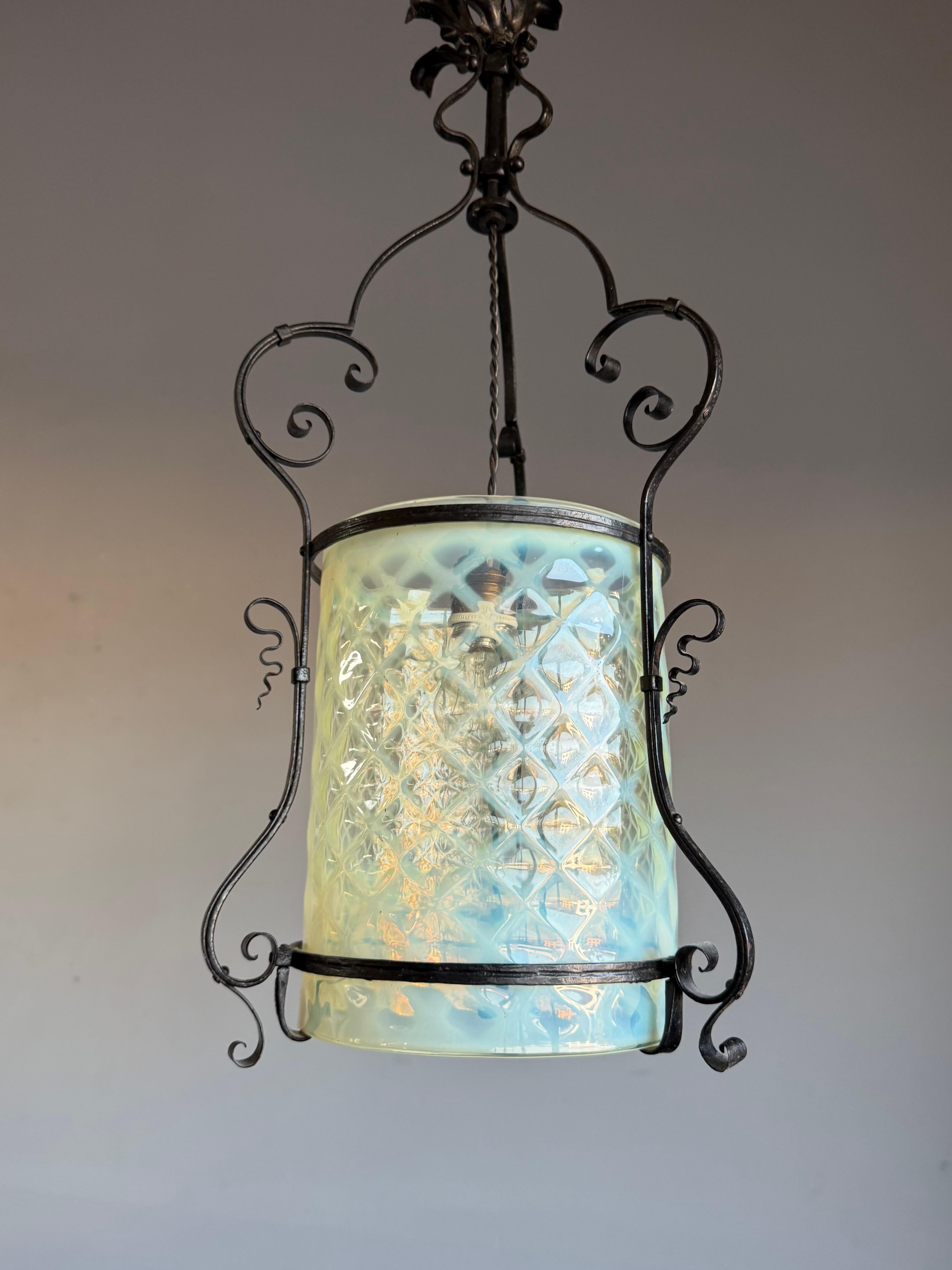 Arts and Crafts Fine Arts & Crafts Wrought Iron & Opalescent Glass Entry Hallway Lantern Pendant For Sale