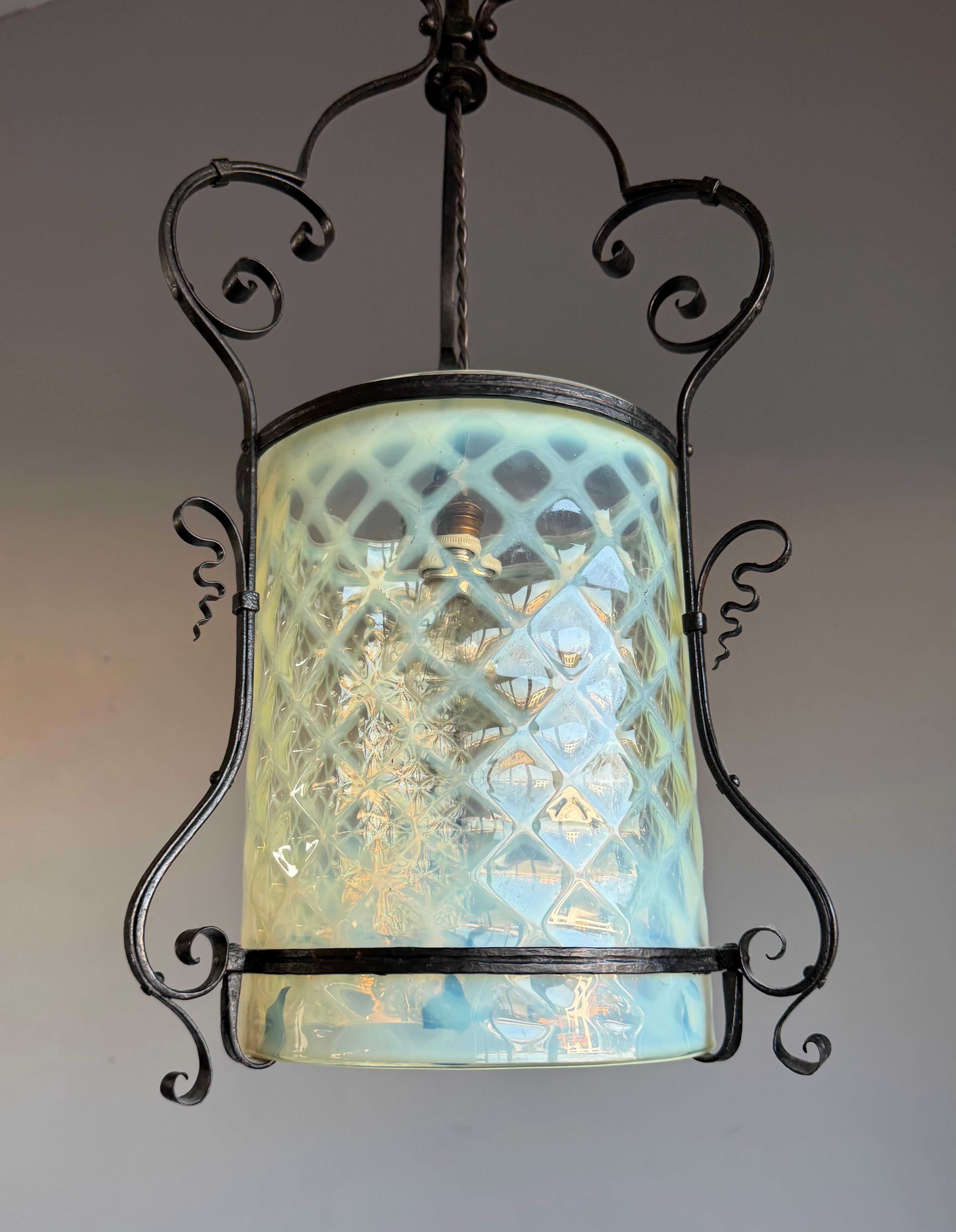 European Fine Arts & Crafts Wrought Iron & Opalescent Glass Entry Hallway Lantern Pendant For Sale