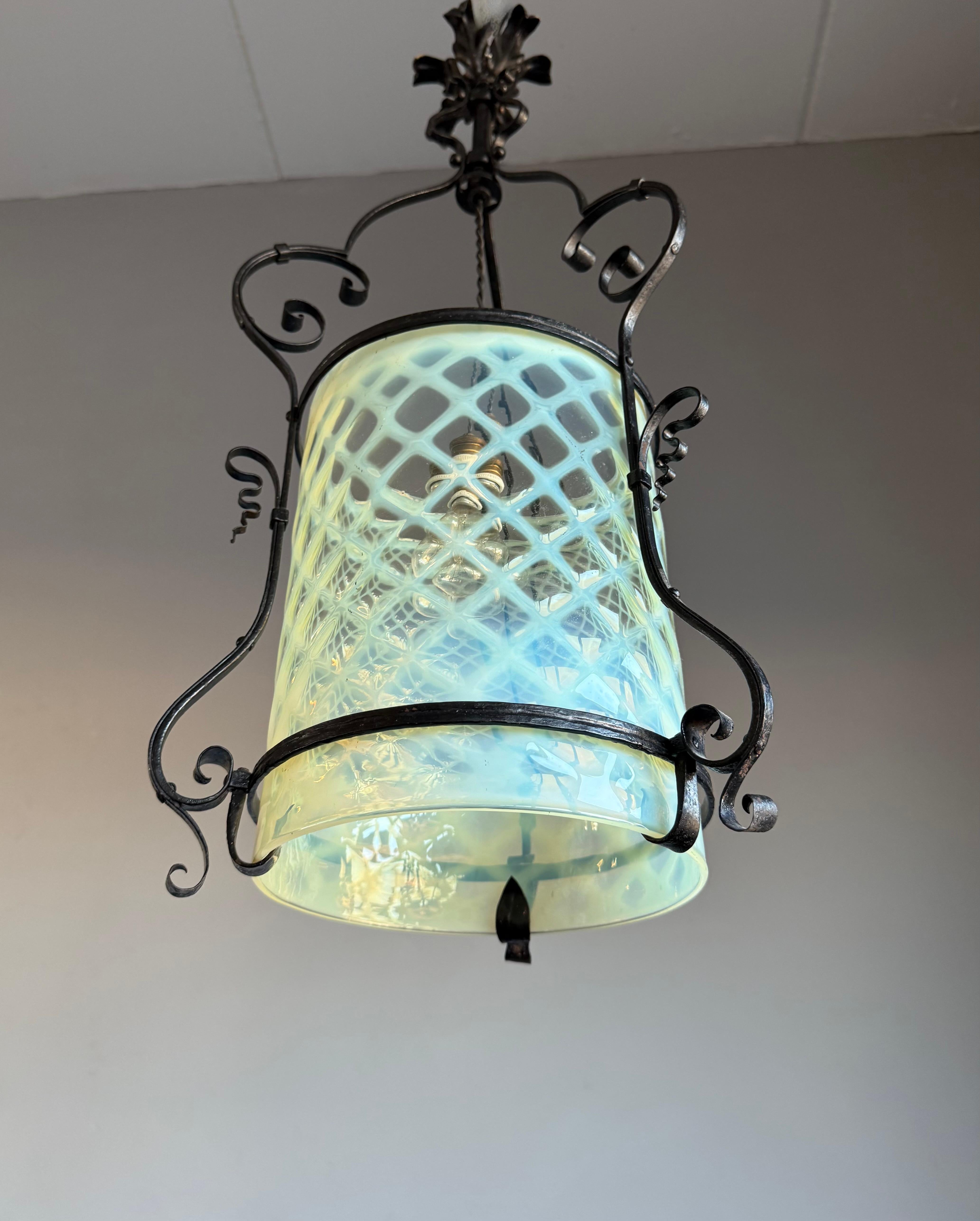 Blackened Fine Arts & Crafts Wrought Iron & Opalescent Glass Entry Hallway Lantern Pendant For Sale