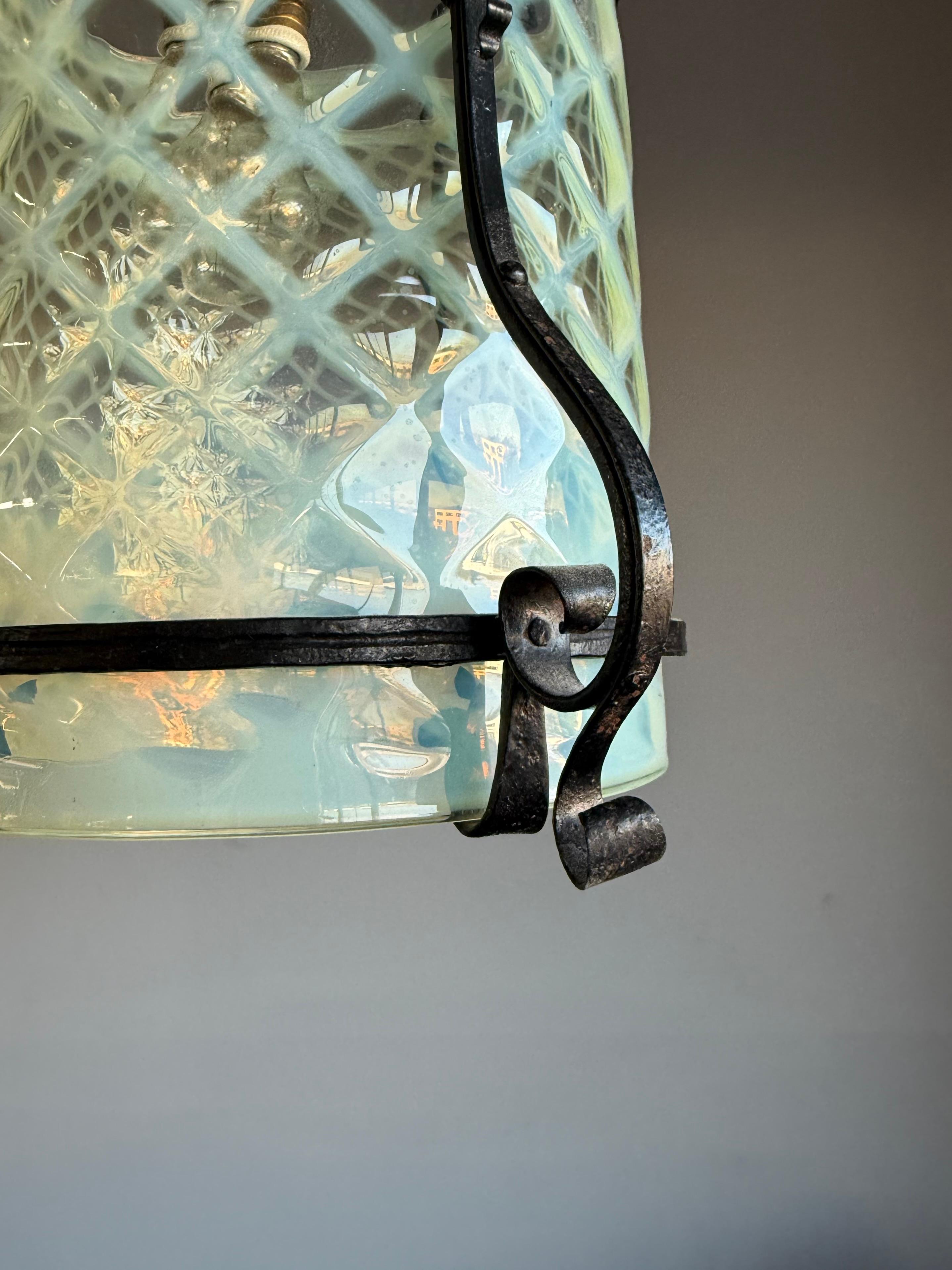 Fine Arts & Crafts Wrought Iron & Opalescent Glass Entry Hallway Lantern Pendant In Excellent Condition For Sale In Lisse, NL