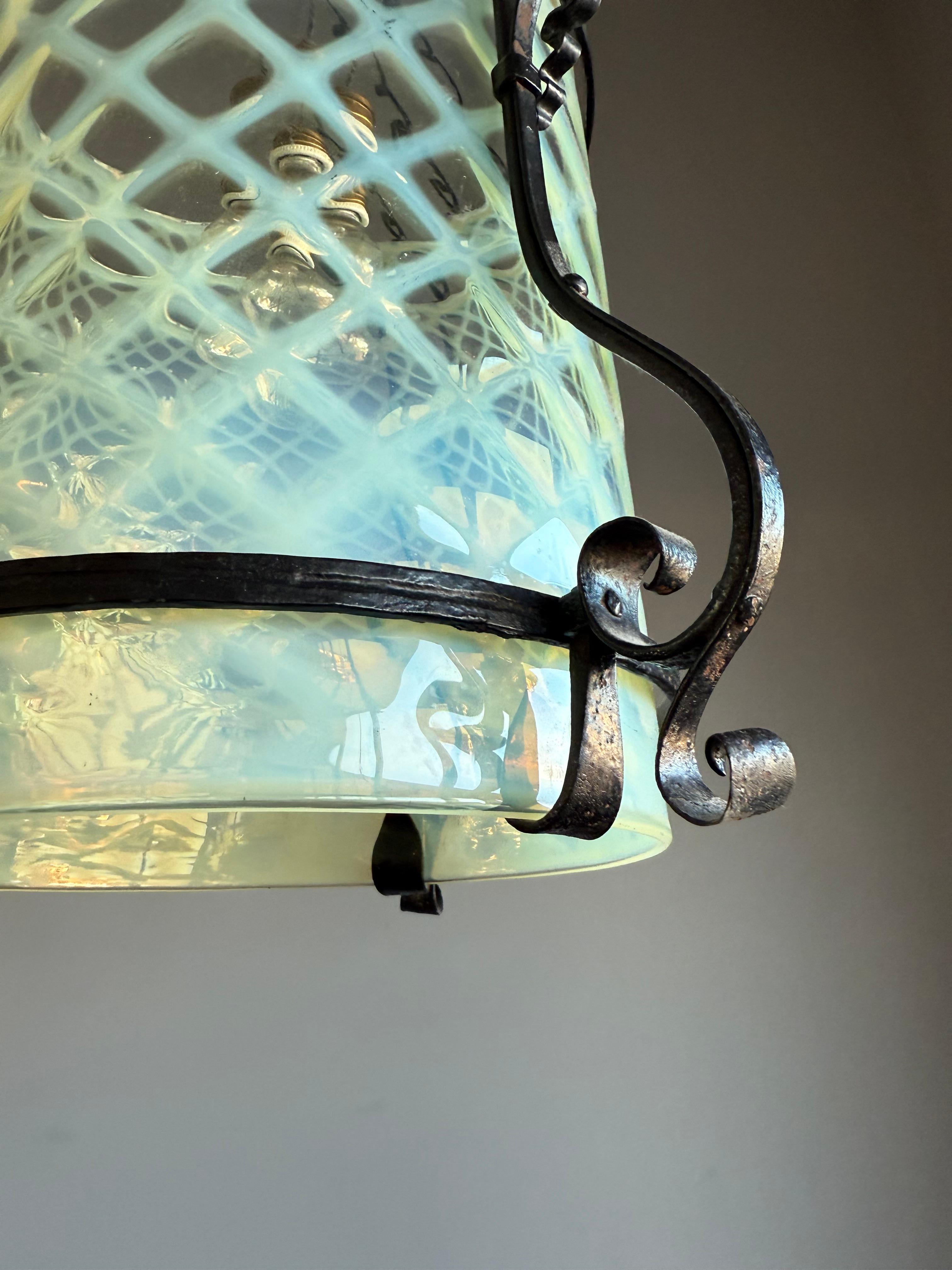 20th Century Fine Arts & Crafts Wrought Iron & Opalescent Glass Entry Hallway Lantern Pendant For Sale