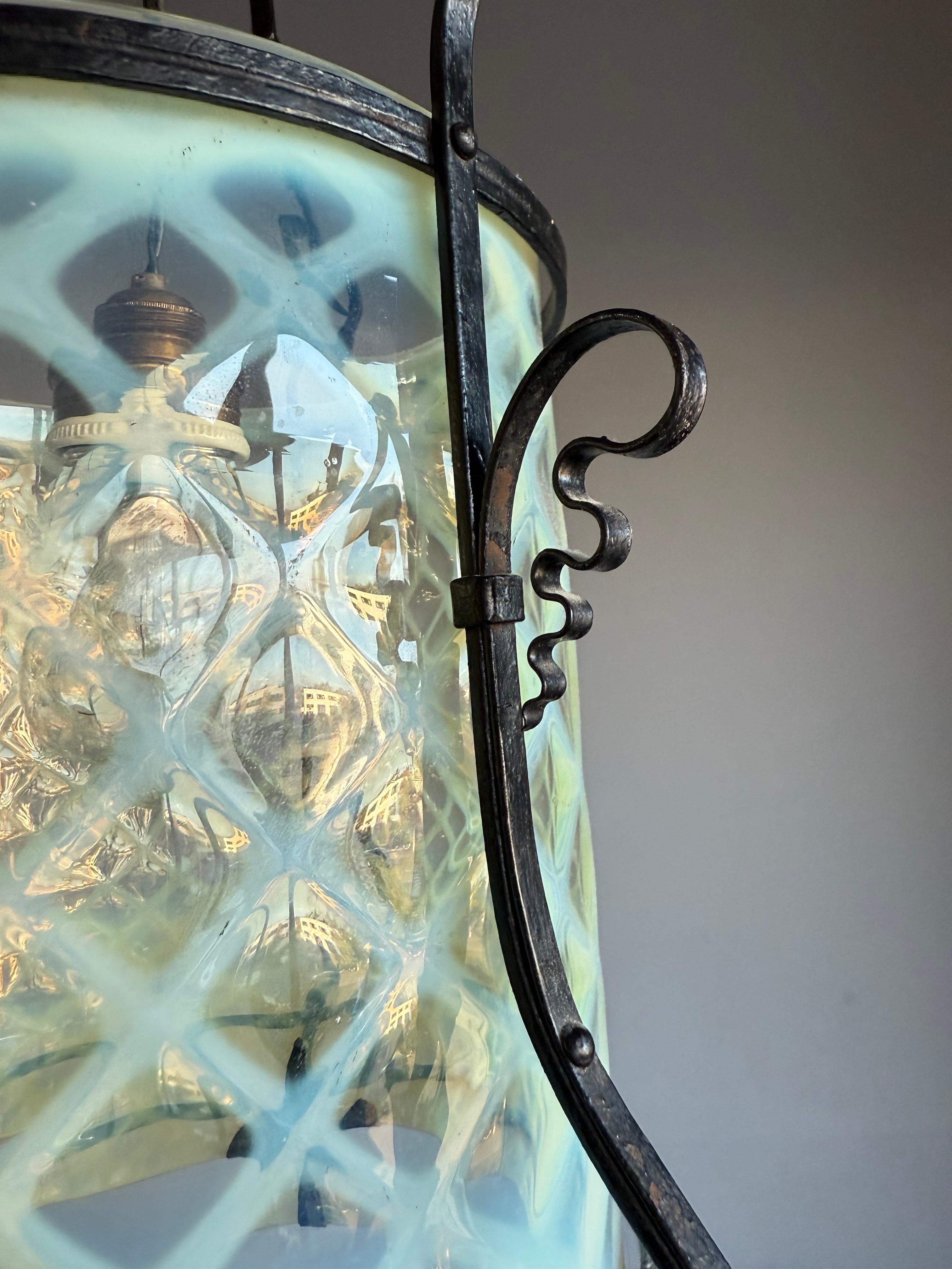 Wire Fine Arts & Crafts Wrought Iron & Opalescent Glass Entry Hallway Lantern Pendant For Sale