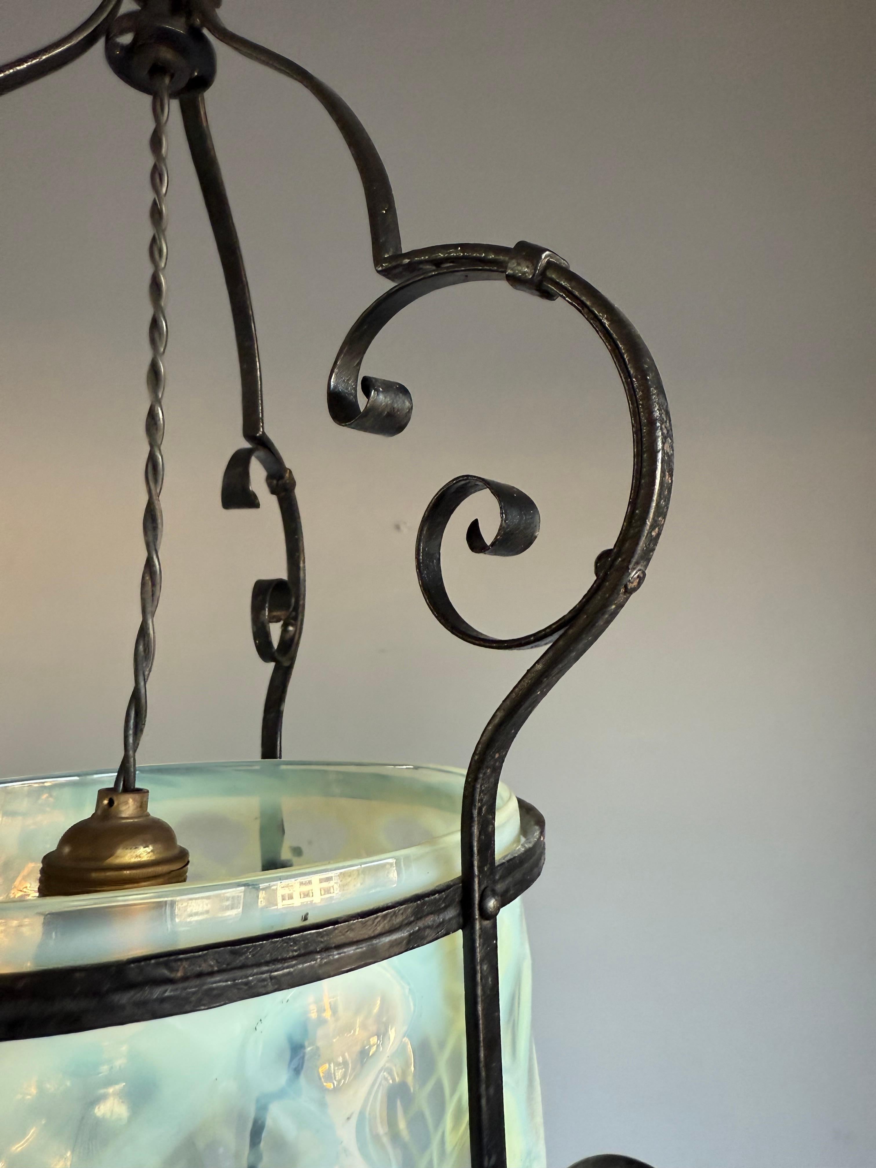 Fine Arts & Crafts Wrought Iron & Opalescent Glass Entry Hallway Lantern Pendant For Sale 1
